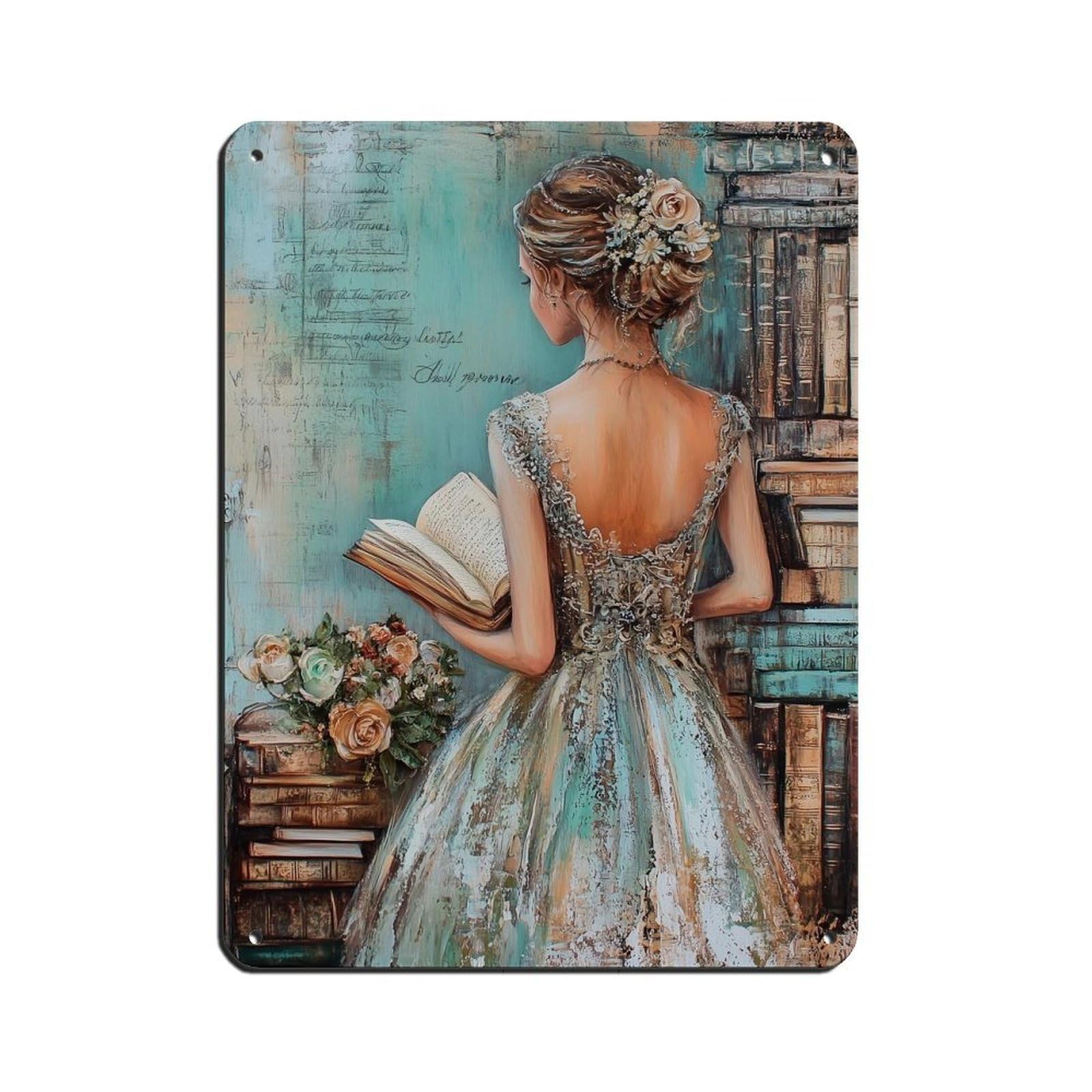Shabby Chic Woman Reading in A Vintage Library Retro Poster Metal Tin Sign Chic Art Retro Iron Painting Bar People Cave Cafe Family Garage Poster Wall Decoration 12x16inch(30x40cm)