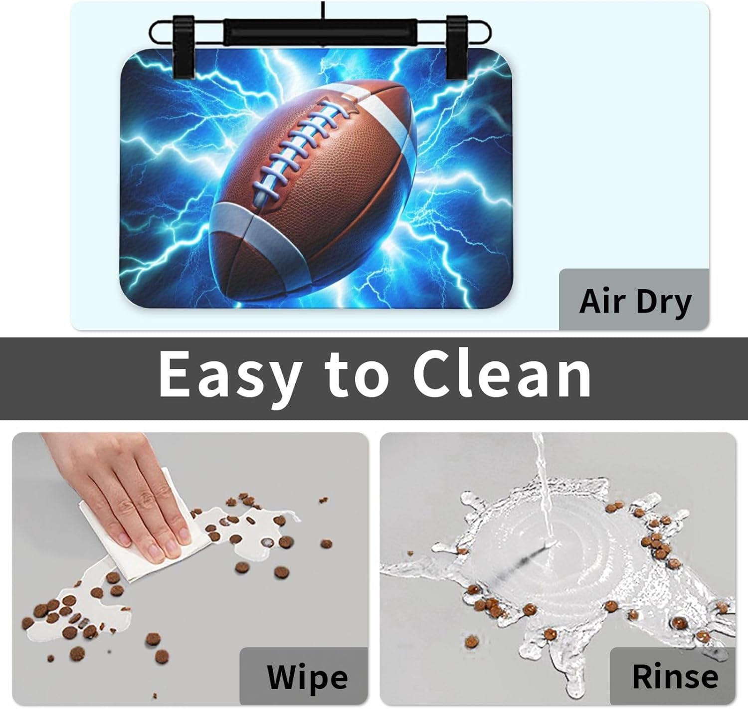 Football Blue Lightning Dog Food Mat, Leather Pet Feeding Mat, Cat Mat for Food, Absorbent Pet Placemat for Indoor Outdoor Water Bowl 40x60cm
