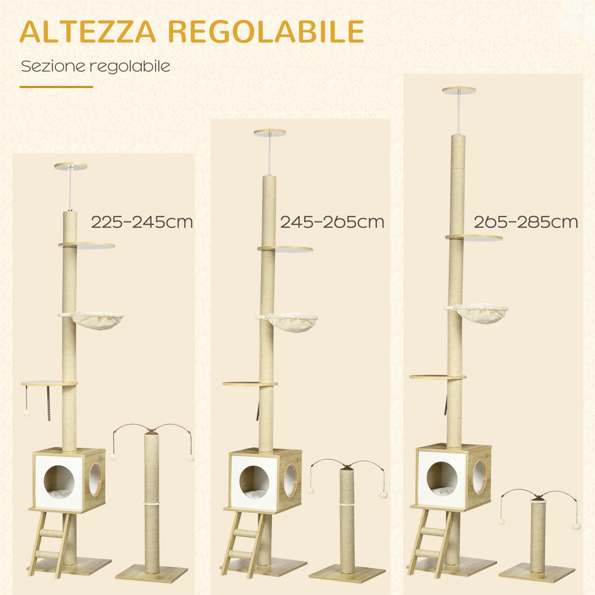 PawHut Set 2 Pezzi Albero per Gatti Altezza Regolabile 40x40x225-285 cm | in Truciolato, Tiragraffi per Gatti, Casetta, Amaca, Pallina da Gioco