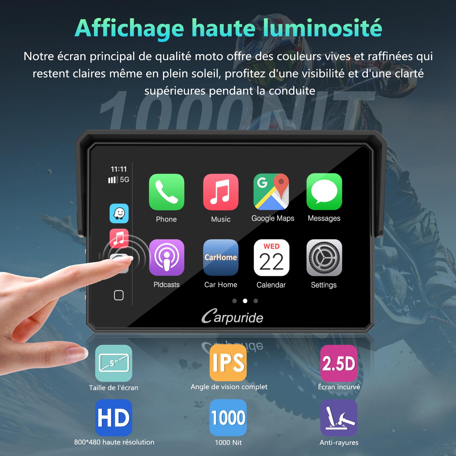CARPURIDE W502BS Pro pour Moto BMW, CarPlay et Android Auto, Double Bluetooth, écran de Navigation étanche de 5 Pouces, Lecture de Données, Native Wonder, TPMS, Capteur de Lumière, Partage de Musique