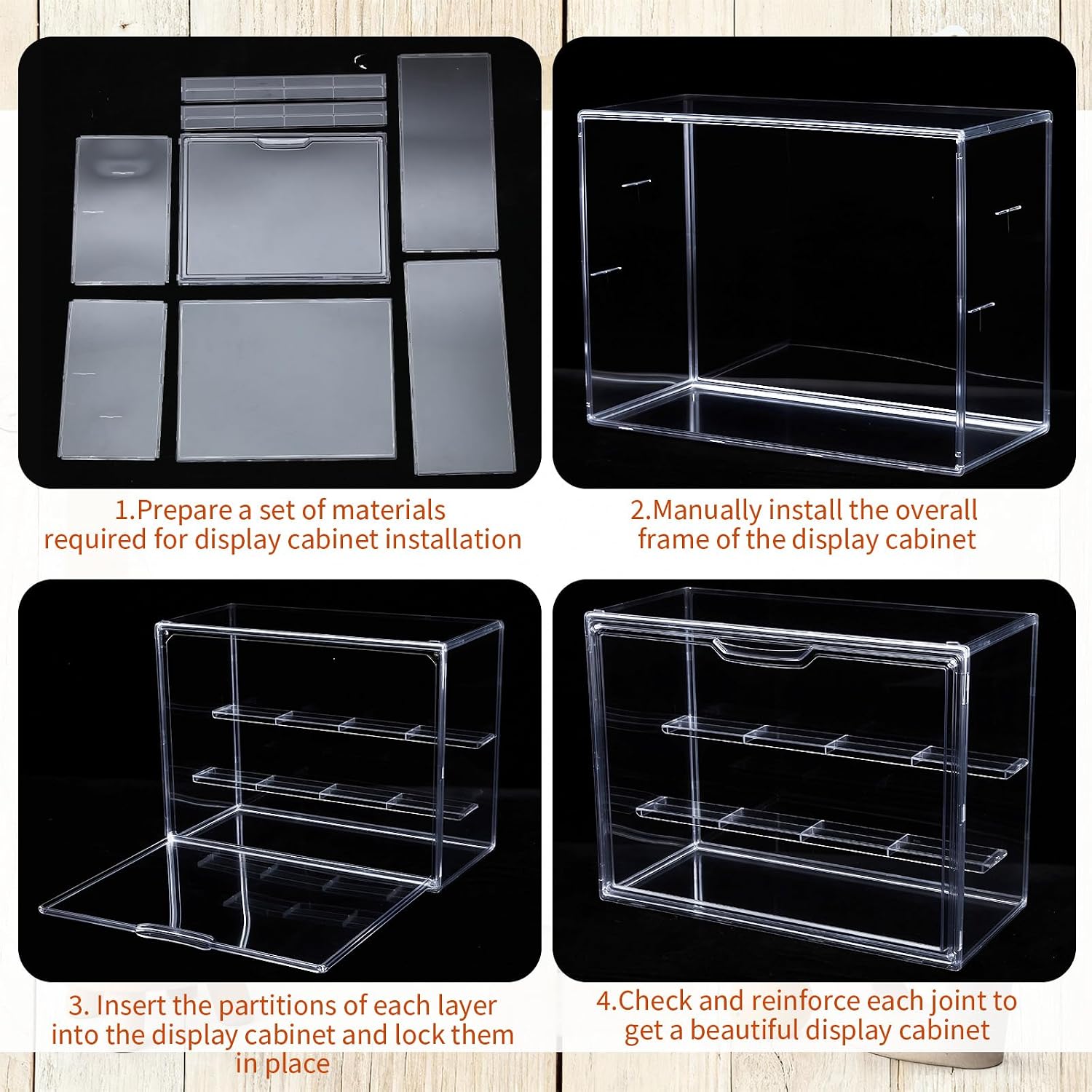 Wonderjune 4 Pcs Clear Acrylic Display Case Plastic Stackable Storage Bins 3 Tier Display Shelf Storage Boxes Cabinet Organizer with Magnetic Door for Action Figures,Collectibles(Large)