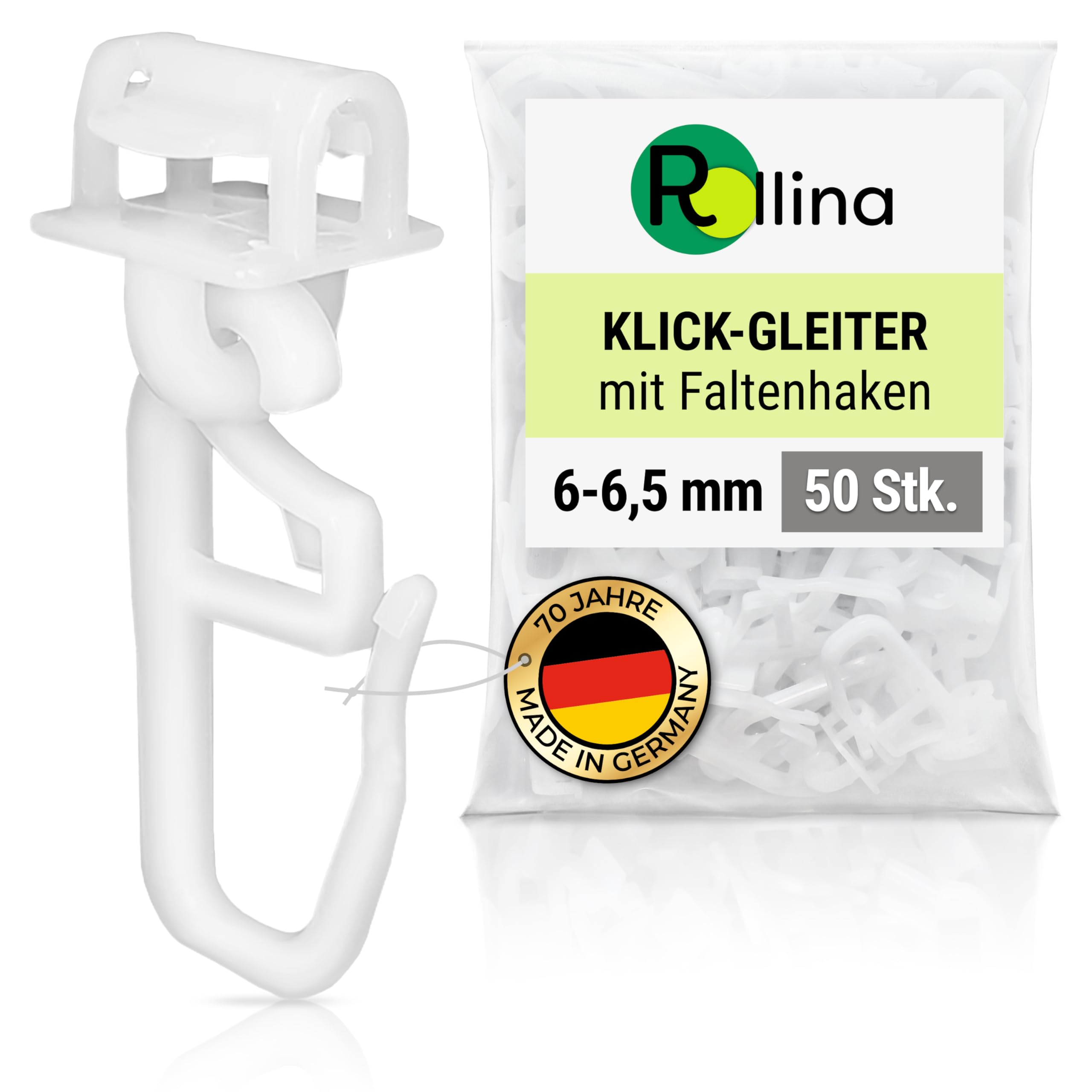 Rollina klick-Gleiter | Gardinenhaken für Gardinenschiene mit 6-6,5mm Innenlauf | Vorhang Haken lang | auch für Wohnwagen Wohnmobil Caravan LKW | 50 Stück | Made in Germany