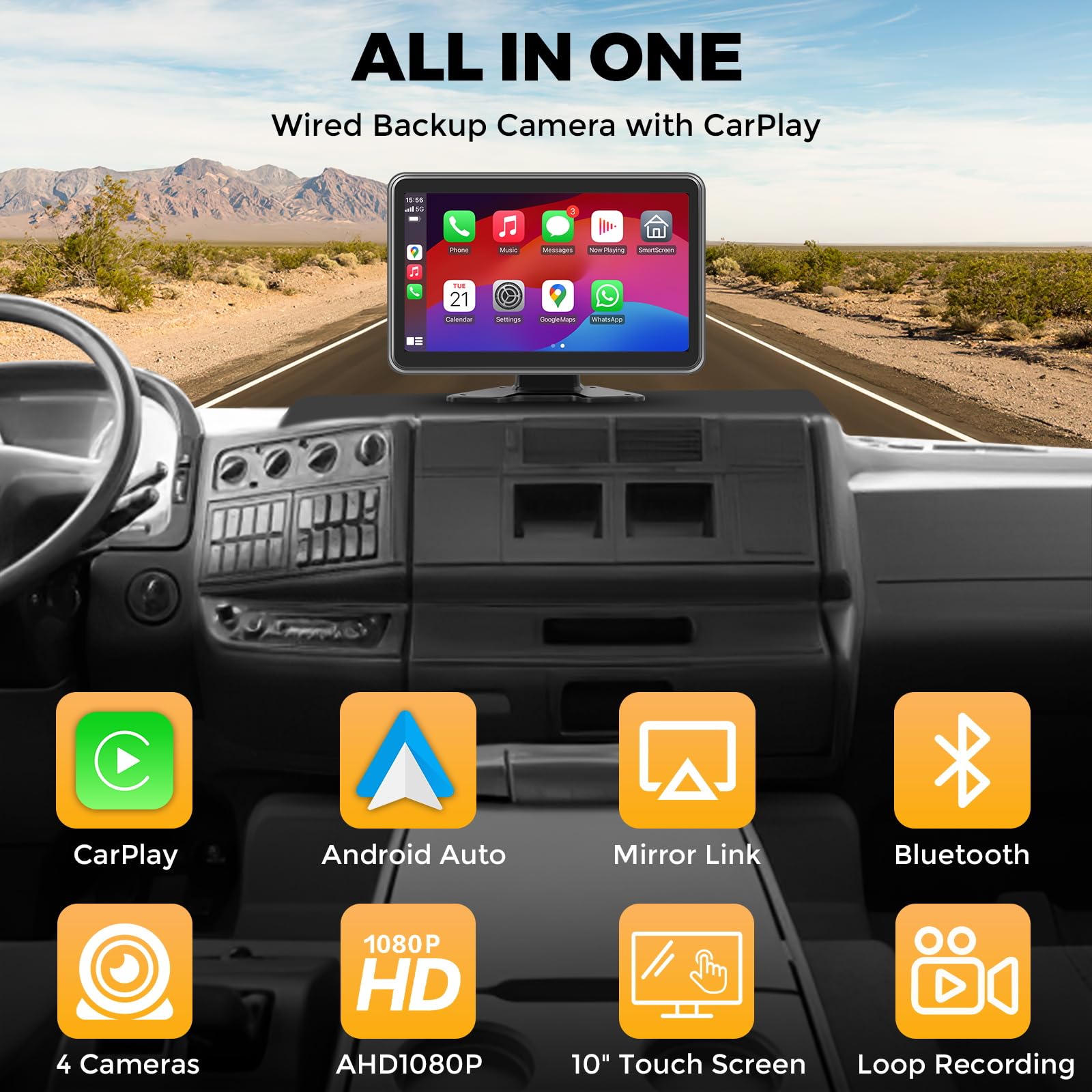 Losuudy 4 Channel Backup Camera Dash Cam System for Trucks, RVs, Trailers, Carplay & Android Auto, 10'' Touch Screen Monitor, 4 HD1080P Wired Rearview Reverse Cameras with Night Vision, IP68-rated.