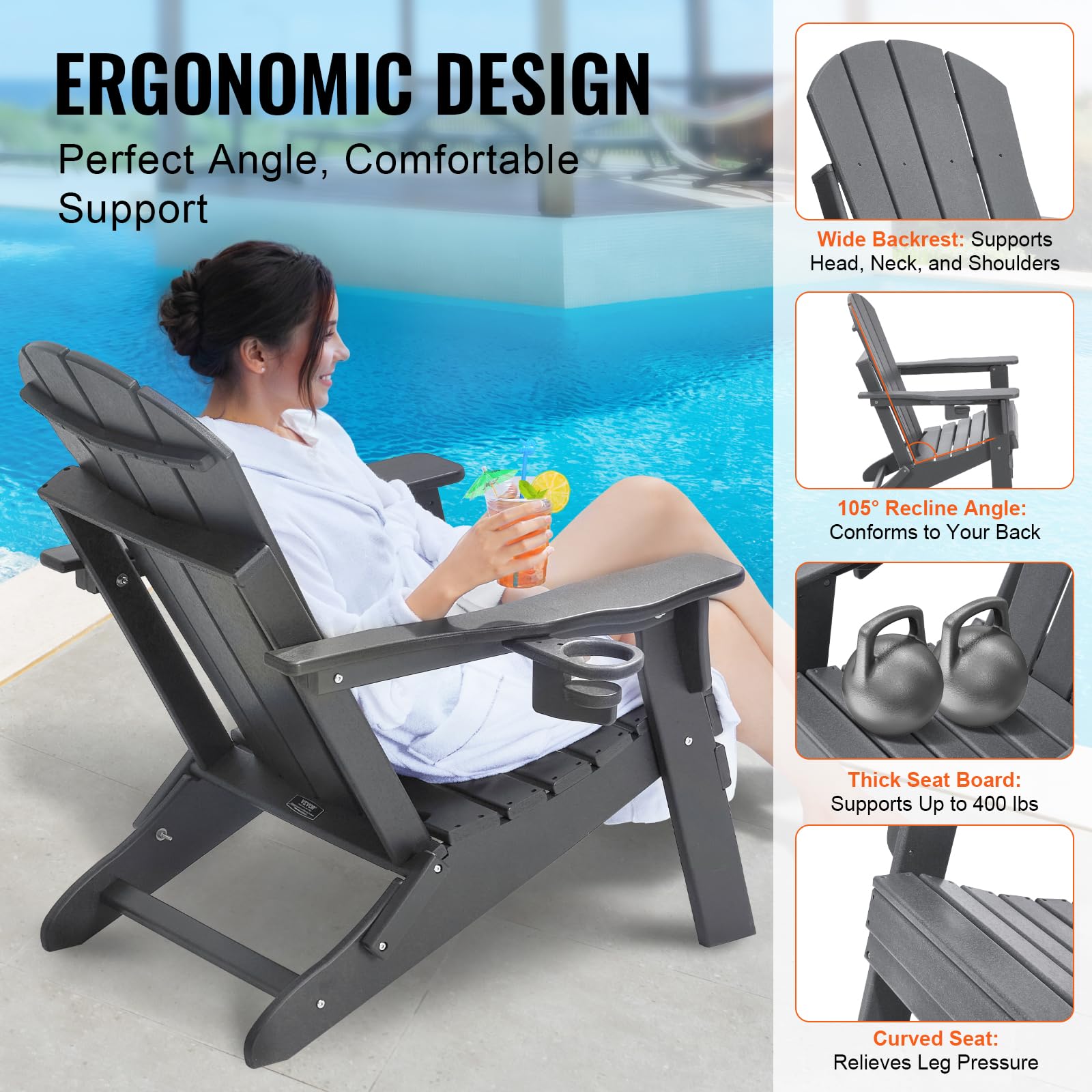 VEVOR Chaise Adirondack en Plastique, Lot de 2, Fauteuil de Jardin Pliant Portable, Charge 181,4 kg, avec Porte-Gobelet, Accoudoir Relaxant, pour Toutes Saisons, Extérieur, Patio, Arrière-Cour, Gris