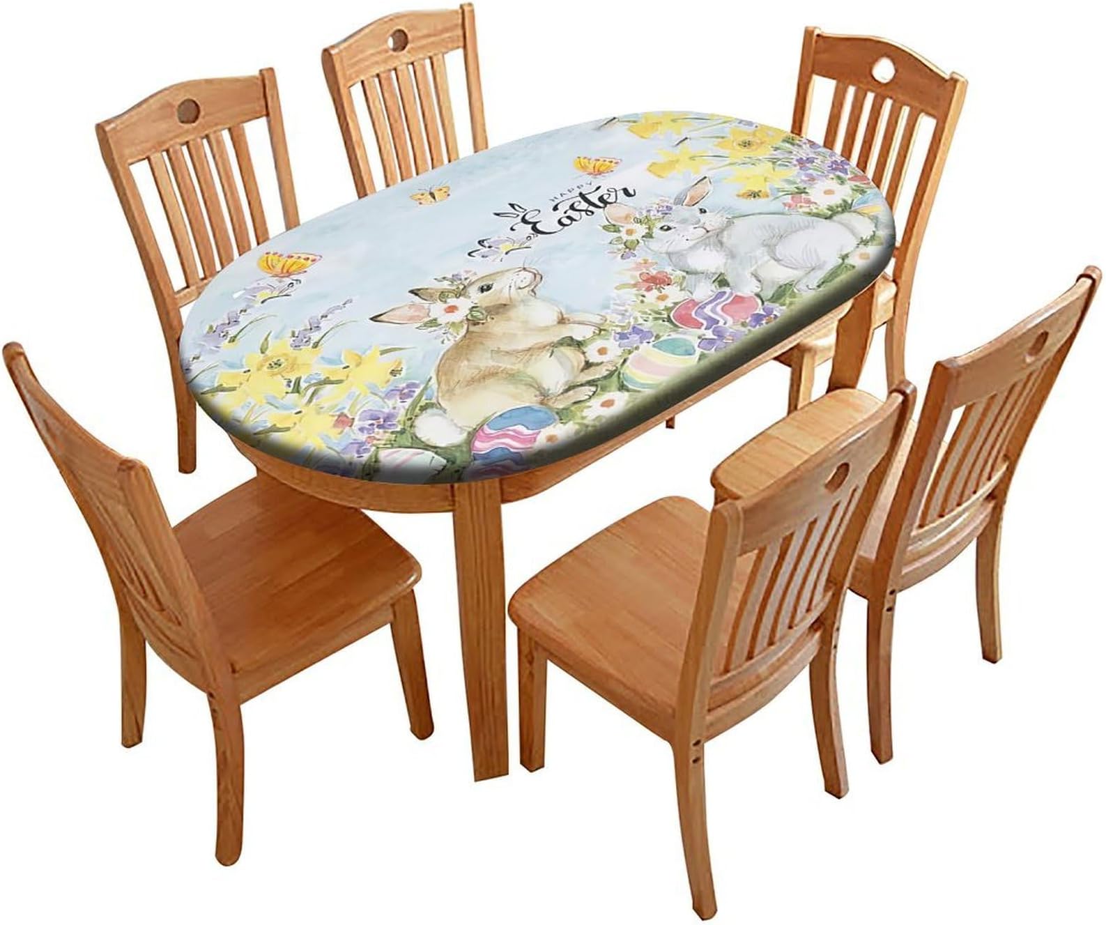 Happy Easter Day Elastic Edge Table Cover, Rabbits Spring Flowers Bunny Oval Fitted Tablecloth for Outdoor Picnic Camping and Indoor Kitchen Dining Party, 42" X 60"