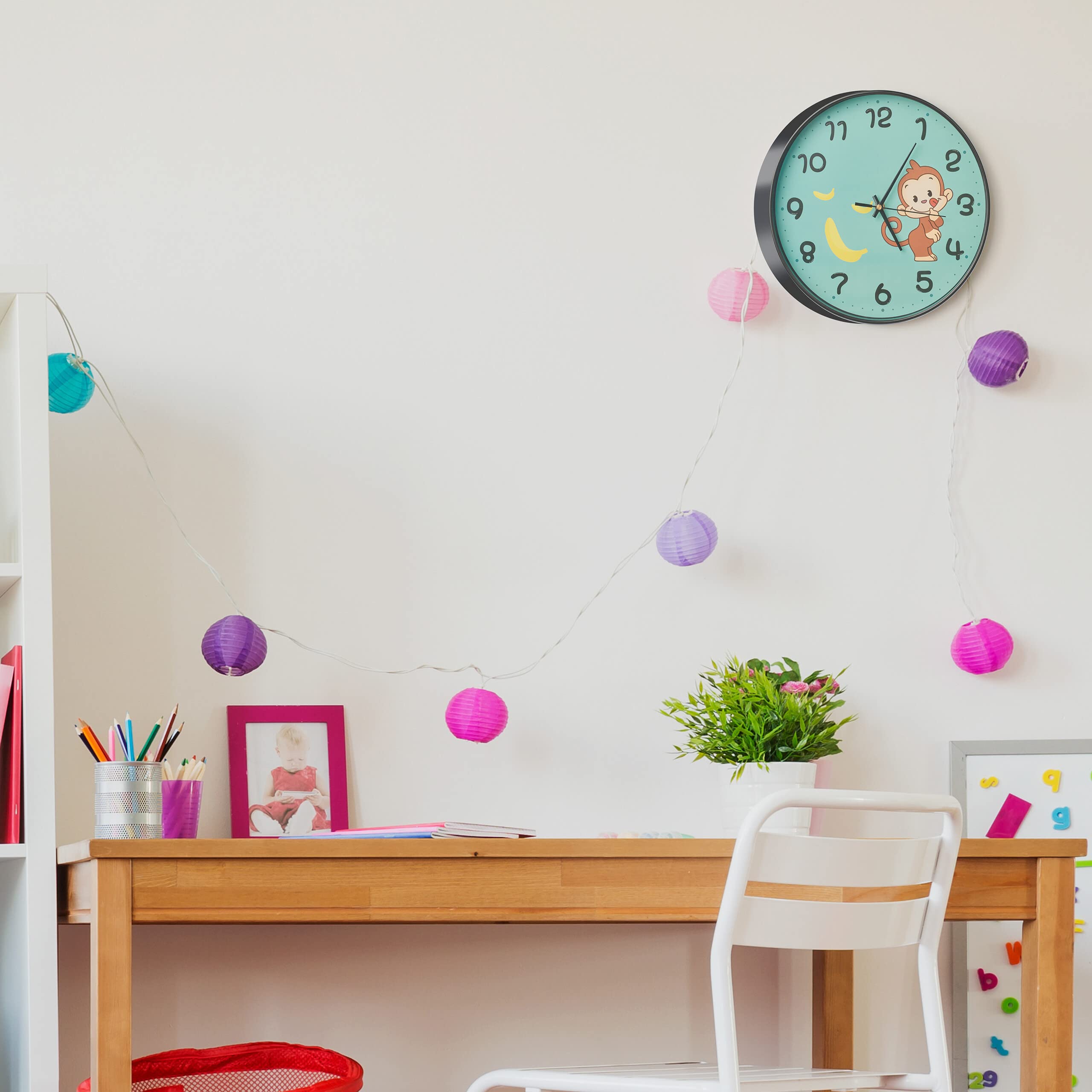 Relaxdays Orologio da Parete per Bambini, Bambine, Scimmietta, Analogico, Ø 29,5 cm, Muro Cameretta Ragazzi, Colorato