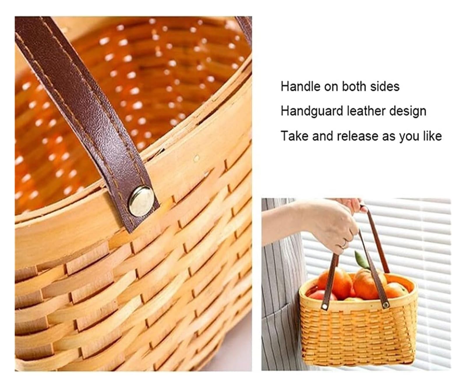 KanDuo Cestino da Picnic in Legno Intrecciato con Manico in Pelle – Cesto portaoggetti in Vimini e Paglia for Campeggio, pranzi all'aperto e Picnic(24 * 19CM)