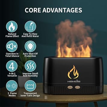 Essential Oil Diffusers, Quiet Flame Diffuser, 7 Colors Modes Changed Light Flame Humidifer, Auto Shut Off Aromatherapy Diffuser, Black