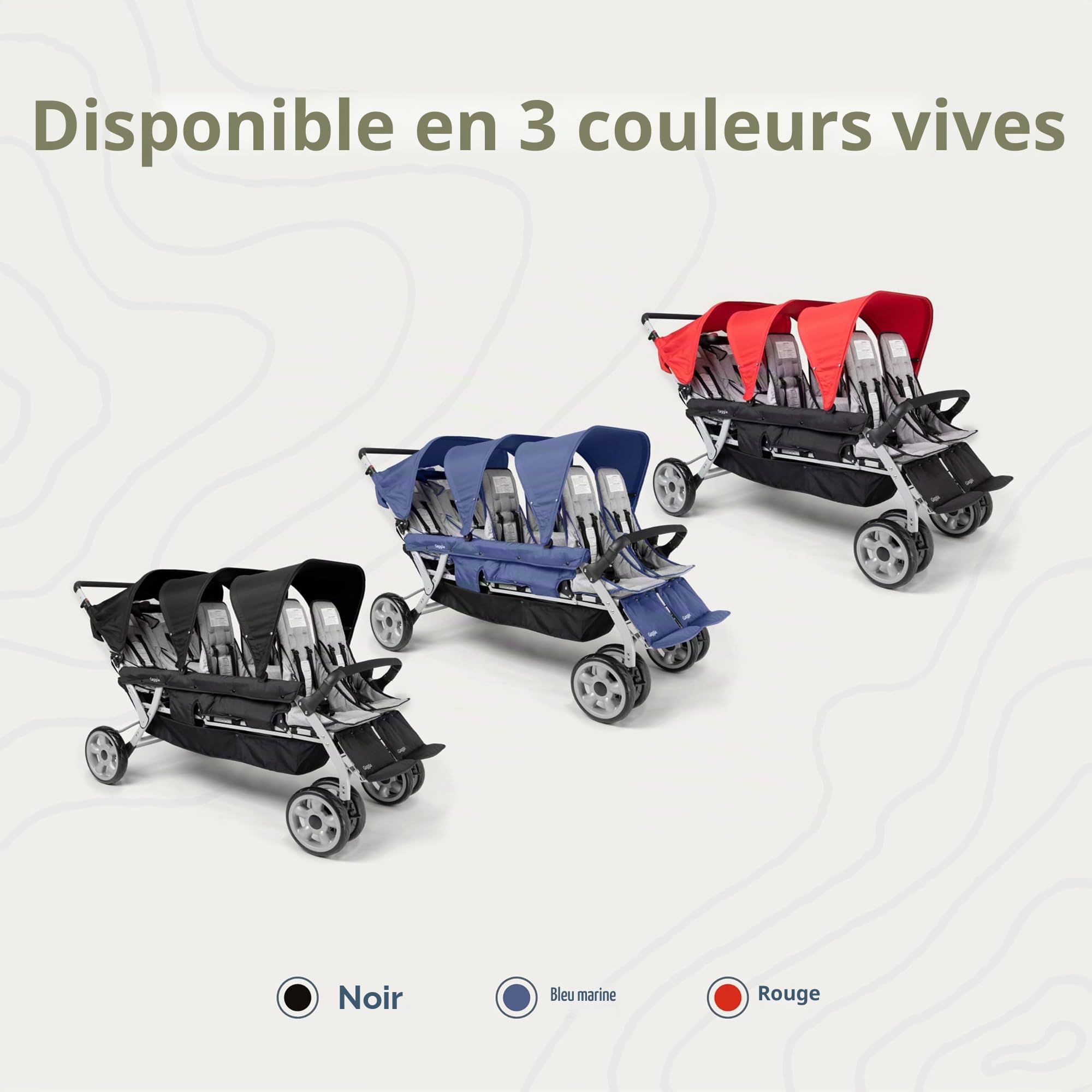 Gaggle Poussette multi-enfants Jamboree 6 places de Foundations avec auvents anti-UV, sièges inclinables, harnais de sécurité à 5 points, pliage compact pour garderies, parcs et voyages, noir