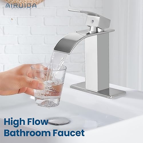 Vista 24 de Airuida Grifo de baño de cascada negro mate, grifo de baño de un solo agujero, grifo mezclador de montaje en cubierta con placa de cubierta, grifo