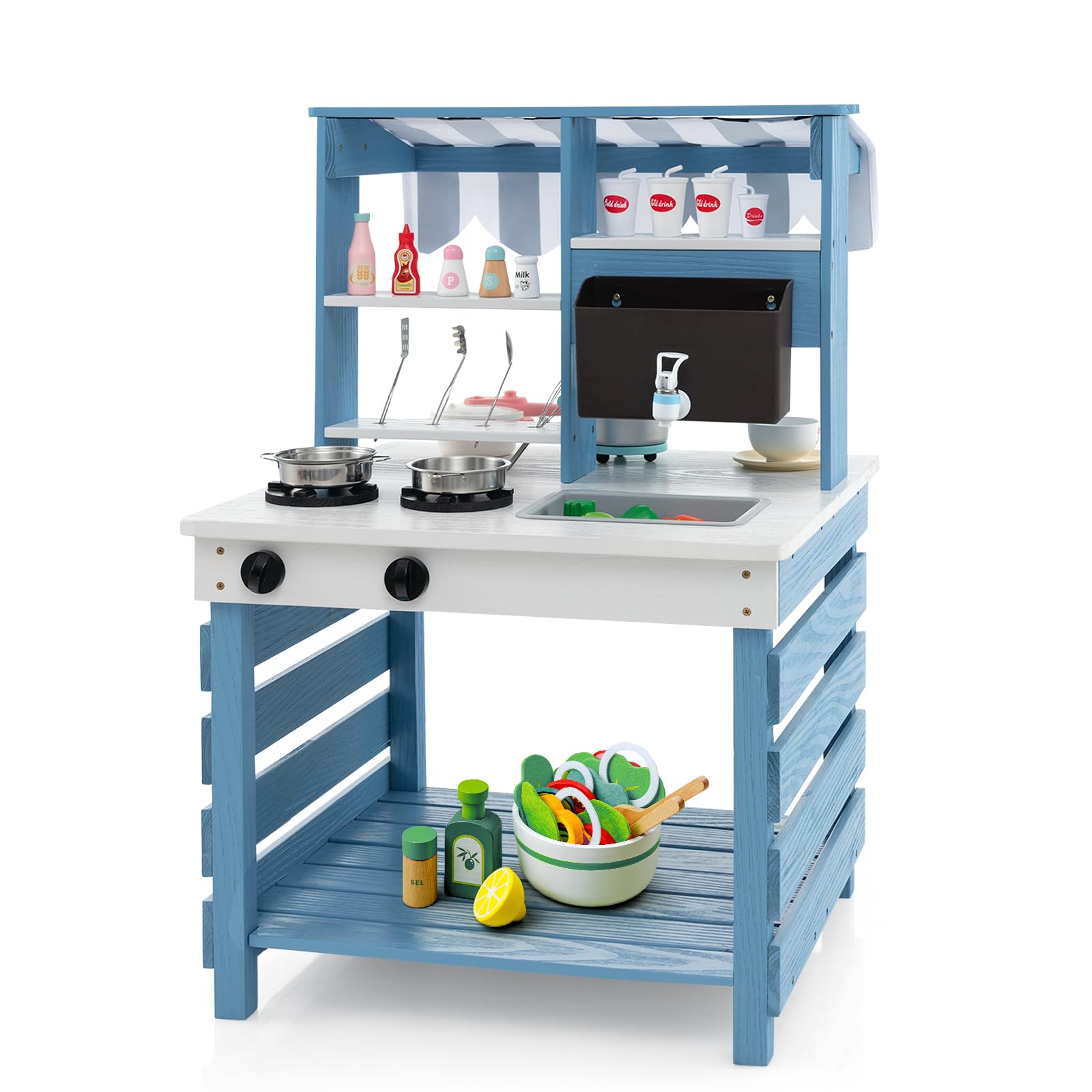 HOMASIS 2 in 1 Cucina per Bambini in Legno a Doppia Faccia, Giocattolo di Imitazione con Tettoia, Lavello Removibile, Rubinetto, Set da Cucinetta per Bambini di 3 Anni in su (Blu)