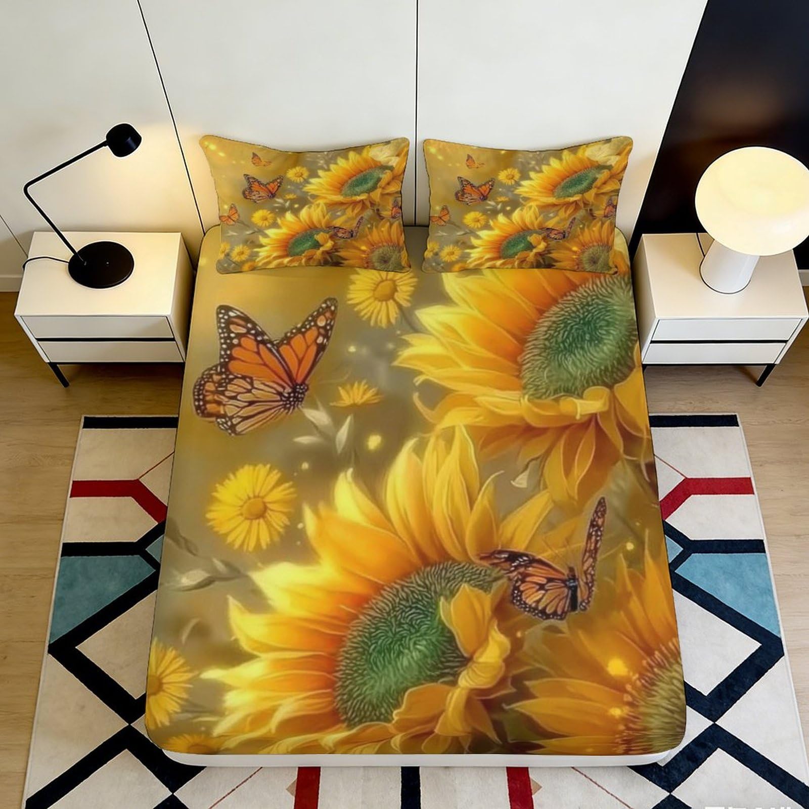 3D Printed Sunflower Butterfly Fitted Sheet Microfiber Soft Breathable Floral Bed Cover for Bedroom Dormitory Guest Room Mattress Protection Decor 120x200x25cm