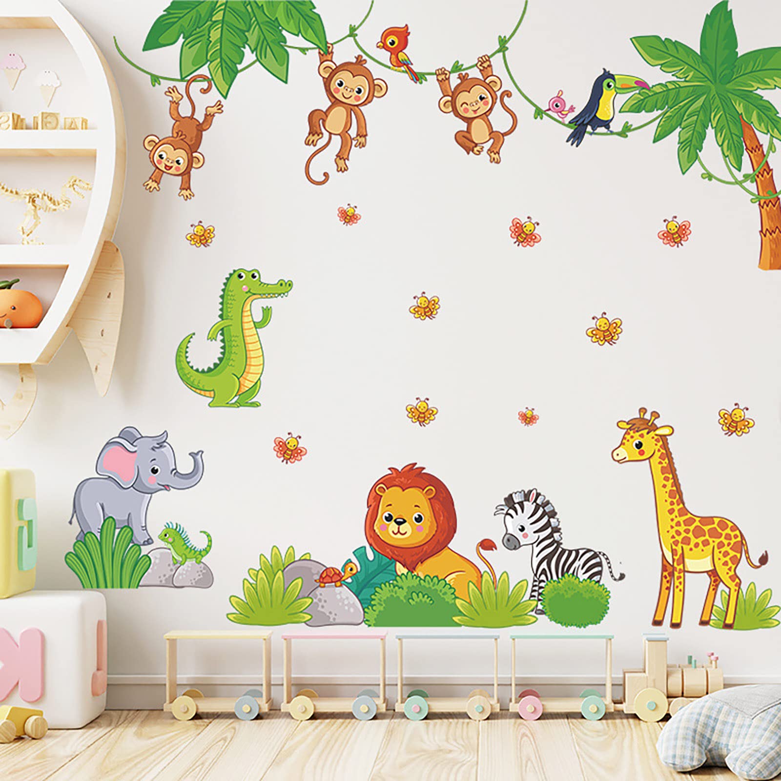 Sticker Mural Jungle Animaux Fluorescent - Décoration Chambre Enfant Éléphant, Girafe, Lion (30x90cm)