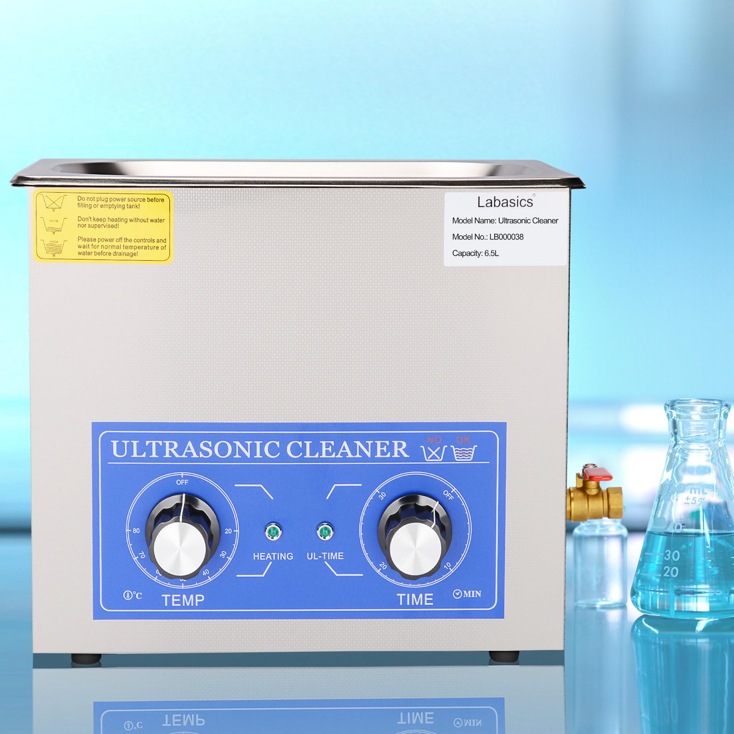 Labasics Myjka ultradźwiękowa 6,5 L ze stali nierdzewnej 304, profesjonalny cyfrowy oczyszczacz do laboratorium, z ogrzewaniem i timerem, panel mechaniczny, 40 kHz, 220V, do czyszczenia narzędzi i