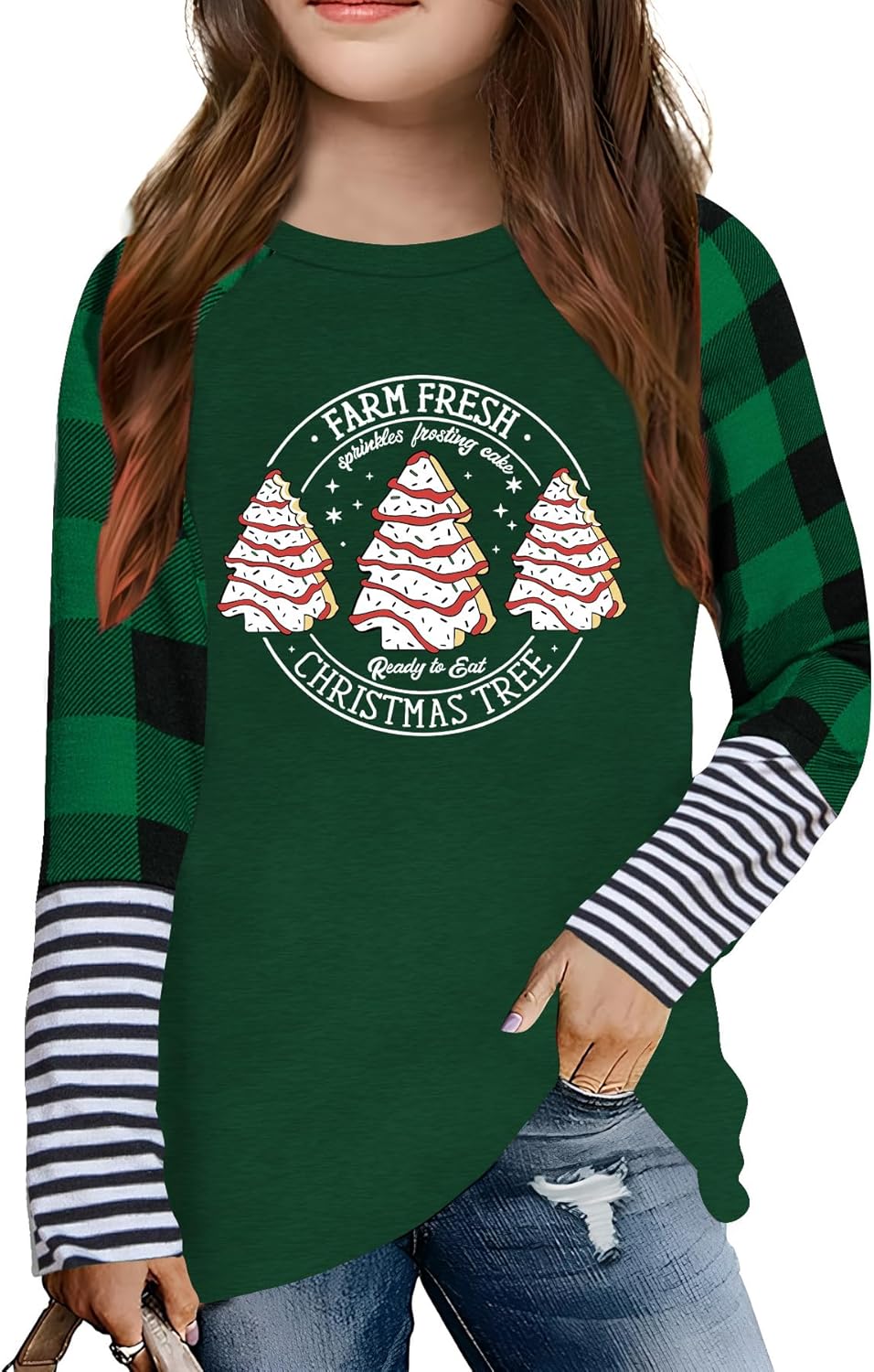 Girls Christmas Shirt Kids Merry Christmas Trees Shirts Ugly Xmas Santa Plaid Long Sleeve Tops 5-14 Years