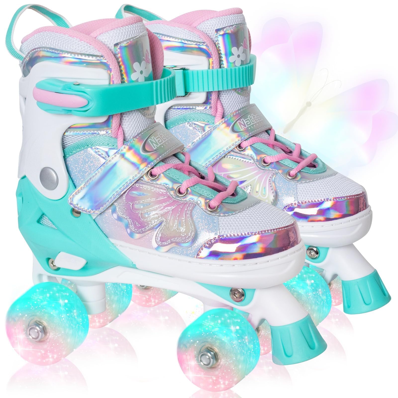 Nattork Kinder Rollschuhe für Mädchen und Jungen, 4 Größen Verstellbar, Vierrad-Rollschuhe mit Schmetterlings- und Blumenmotiv, Geburtstagsgeschenk für Indoor- und Outdoor-Sportarten