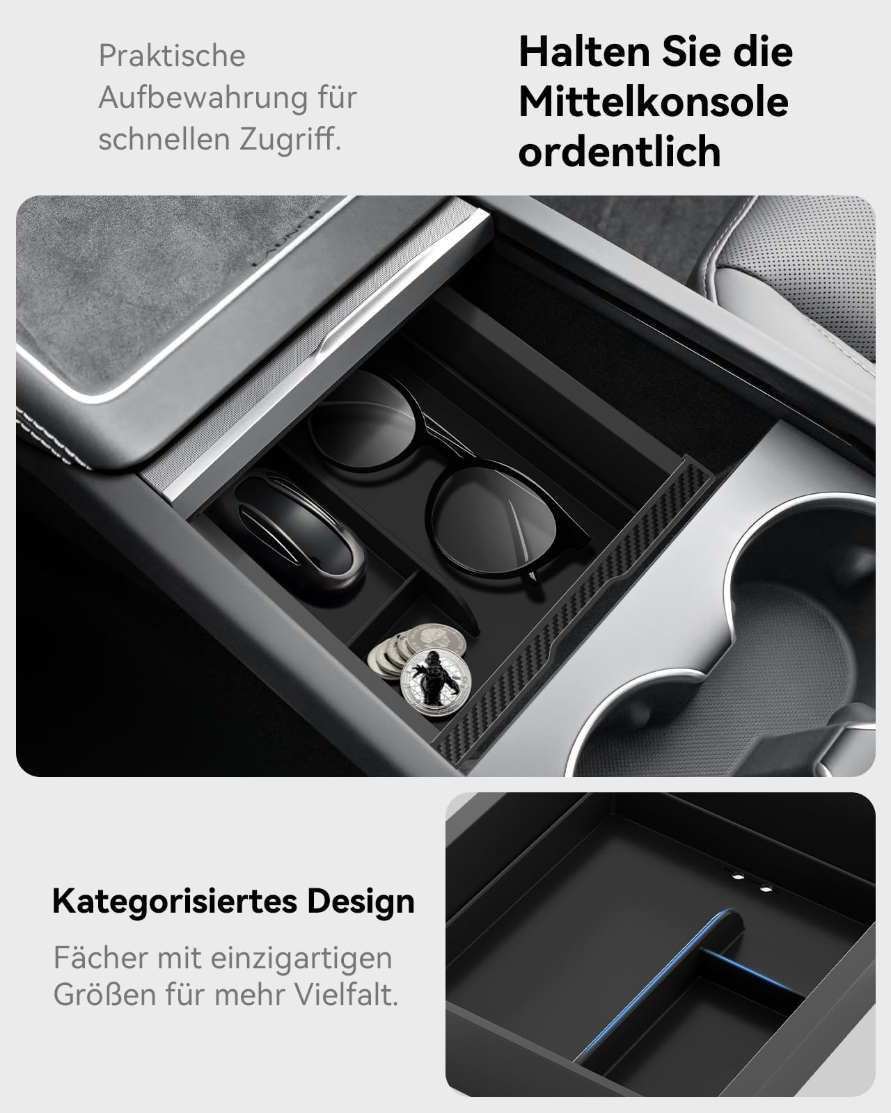 4 Pcs Tesla Model Y 2025-2026 Juniper Mittelkonsole Organizer [Unterteilte Ablage Doppellagig] Smooth Slide Technology Aufbewahrungsbox Armlehnenablage Zubehör für Model Y Juniper (Schwarz)