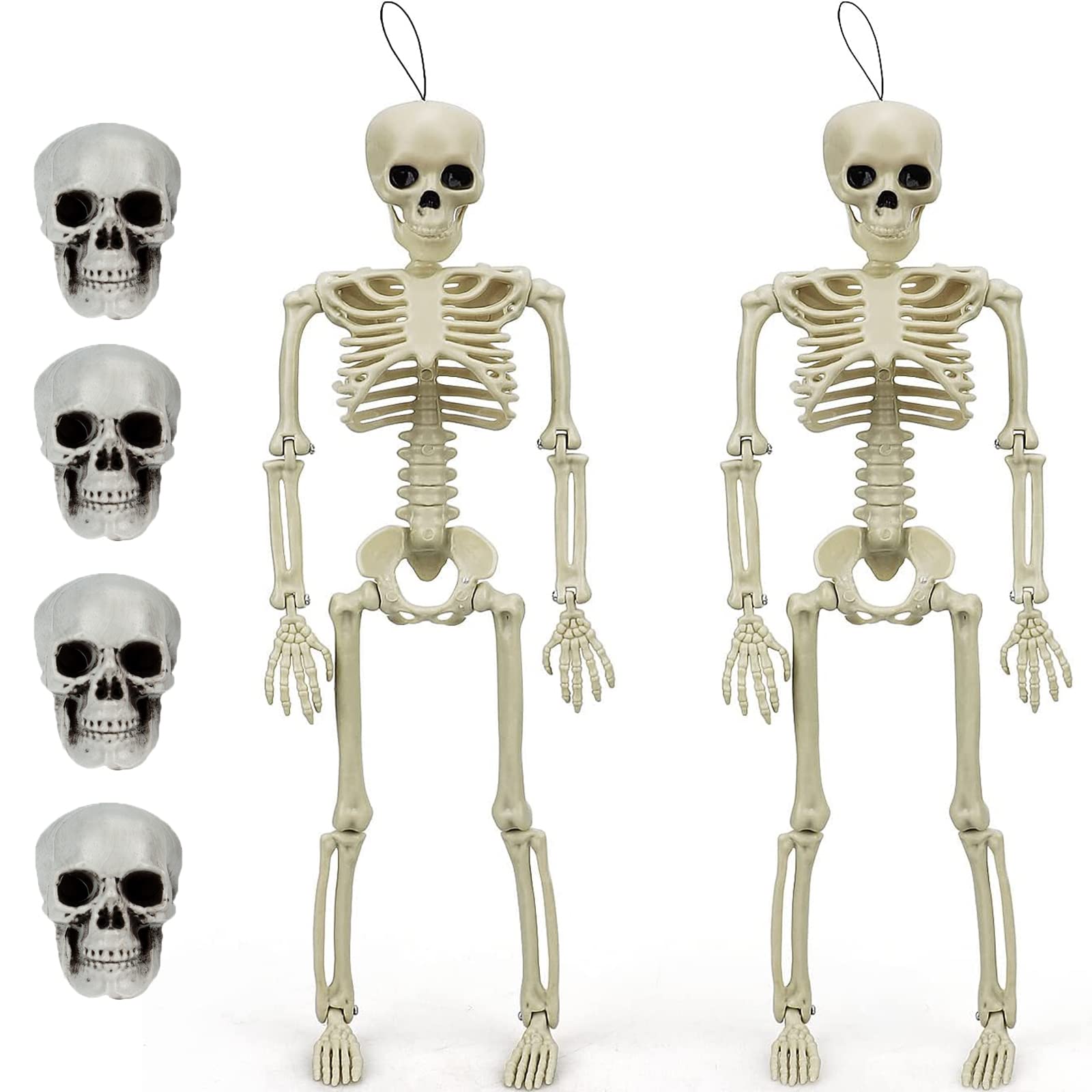 jxzdle Halloween Skull, 4 pcs Halloween Head Skull and 2pcs Full Body Skeleton Realistic Plastic Mini Skulls with Movable Joints for Halloween Party Decoration Favors Toys Haunted House Decor