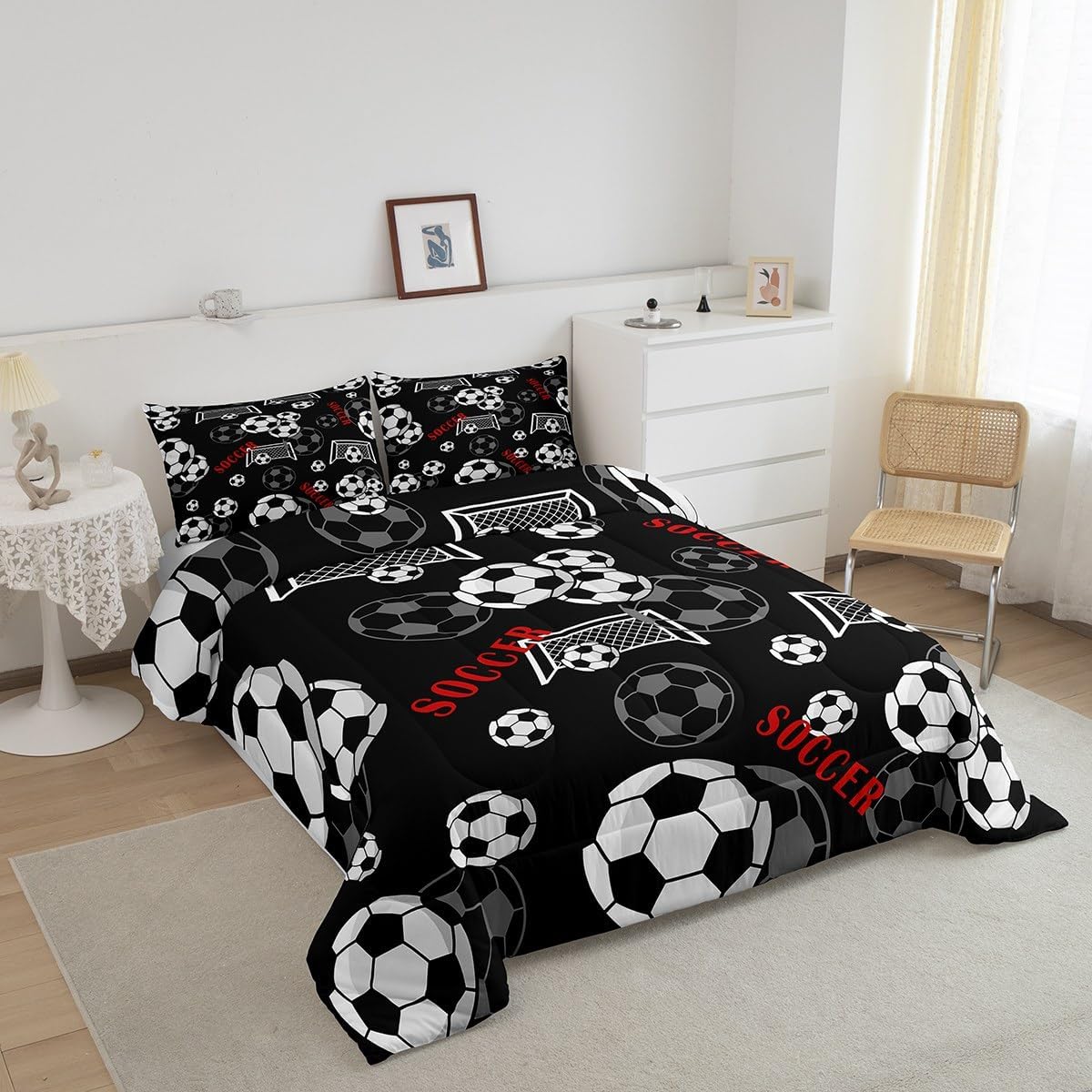 Castle Fairy 3D Soccer Sports Full Size Comforter Set,Black White Soccer Bedding Set for Adults Teens,Children Football Gate Comforter Luxury Cartoon Style Quilt Set Room Decor 3Pcs