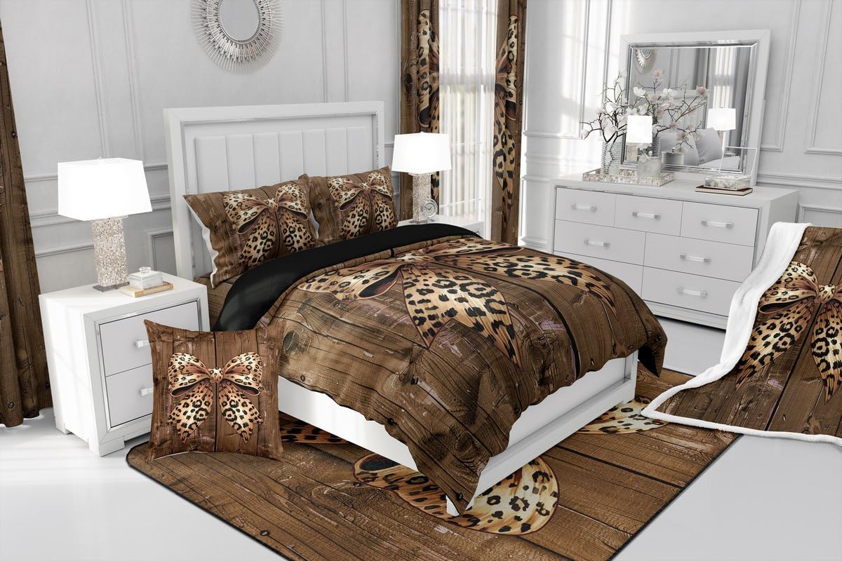Castle Fairy Bowknot Duvet Cover Set Toddler Size,Wild Animal Fur Leopard Print Bedding Set,Rustic Brown Wooden Board Quilt Cover for Kids,Comforter Cover(No Filler),2 Pcs