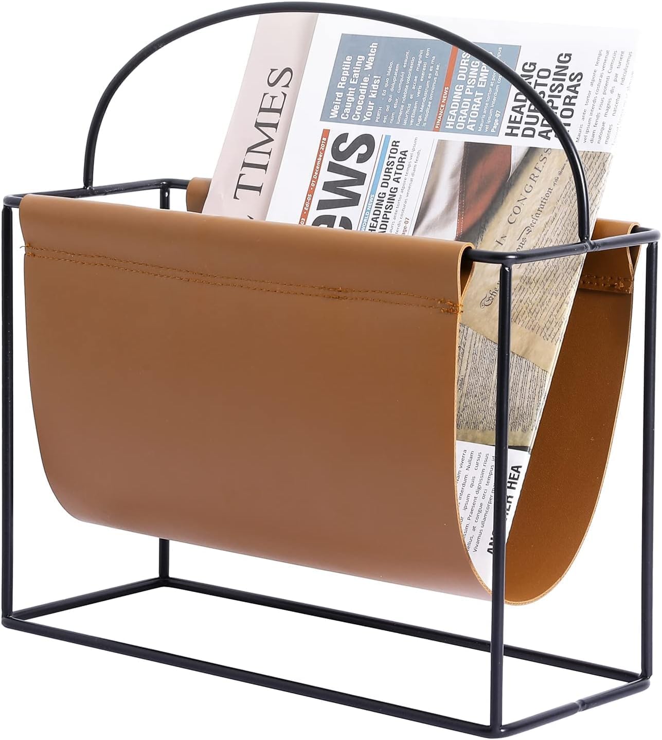 OGFC 51541 Compact 11 Inch Modern Magazine Holder with Industrial Matte Black Metal Frame and Caramel Brown Leatherette Sling, Tabletop or Floor Standing Storage Organizer-picture-18