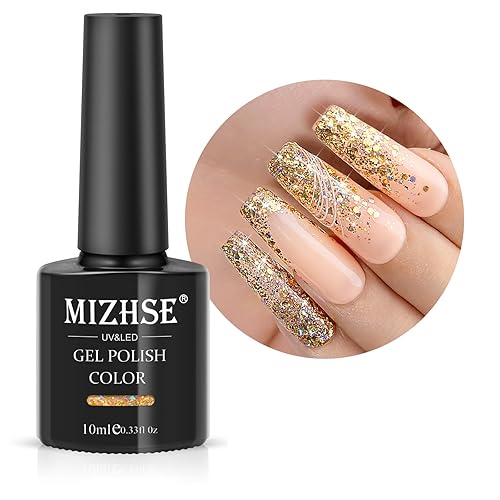 MIZHSE Esmalte de uñas de gel con purpurina dorada, 0.3 onzas líquidas, esmalte de gel brillante champán, esmalte de uñas en gel brillante para