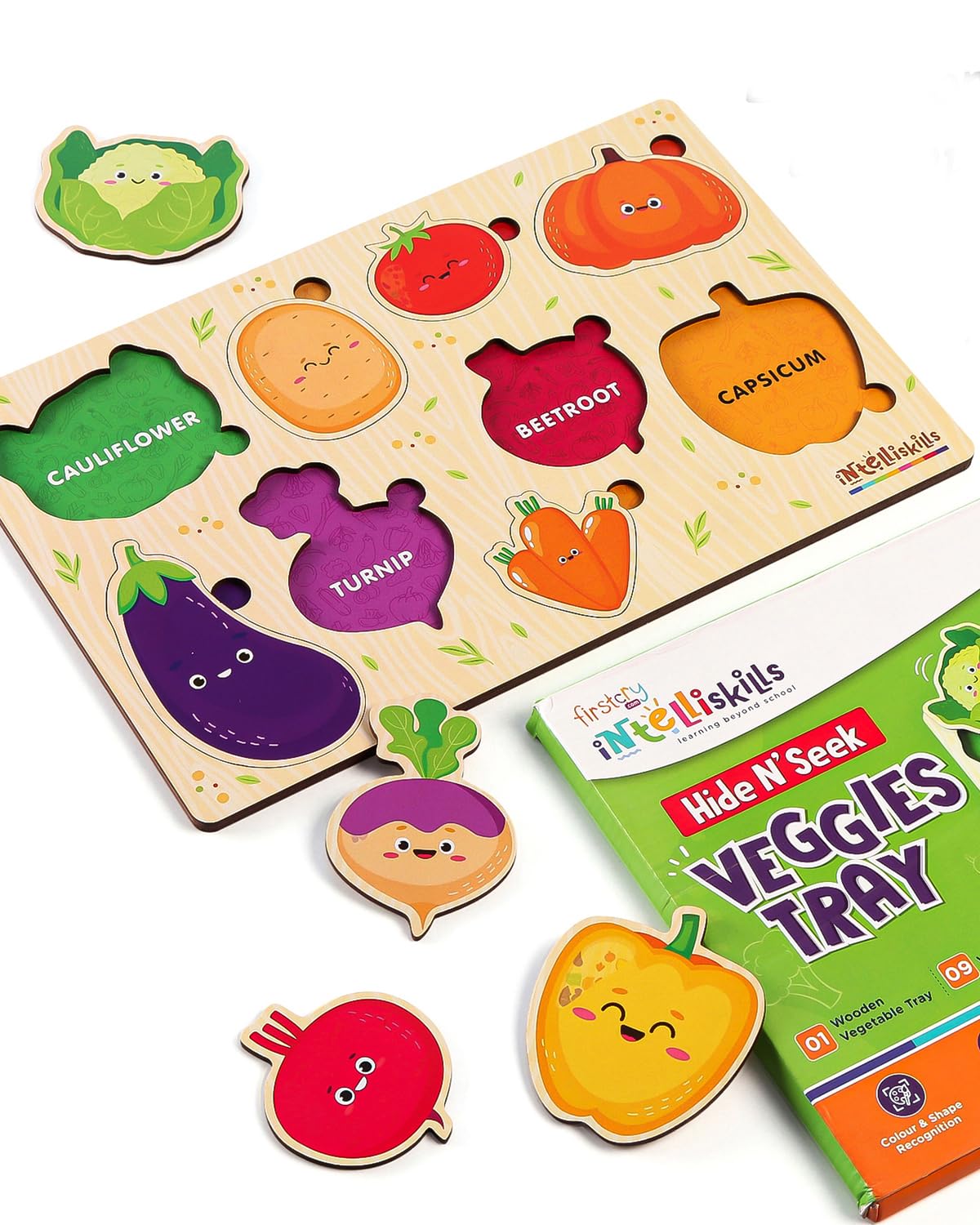 Intelliskills Premium 12 Pieces Wooden Hide N Seek Vegetable Tray Puzzle for Kids | Shapes Matching Puzzle | Early Learning & Educational Board Puzzle for Toddlers |BIS Certified| 3+ Years (B0C1G669C8) Amazon Price History, Amazon Price Tracker