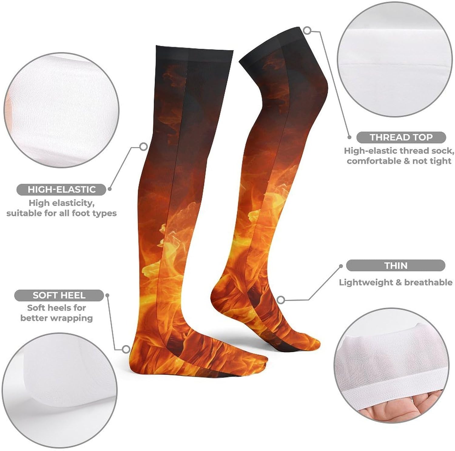 Roaring Flame Knee High Stockings for Women 23.6" Breathable Thigh High Stockings Over The Knee Socks