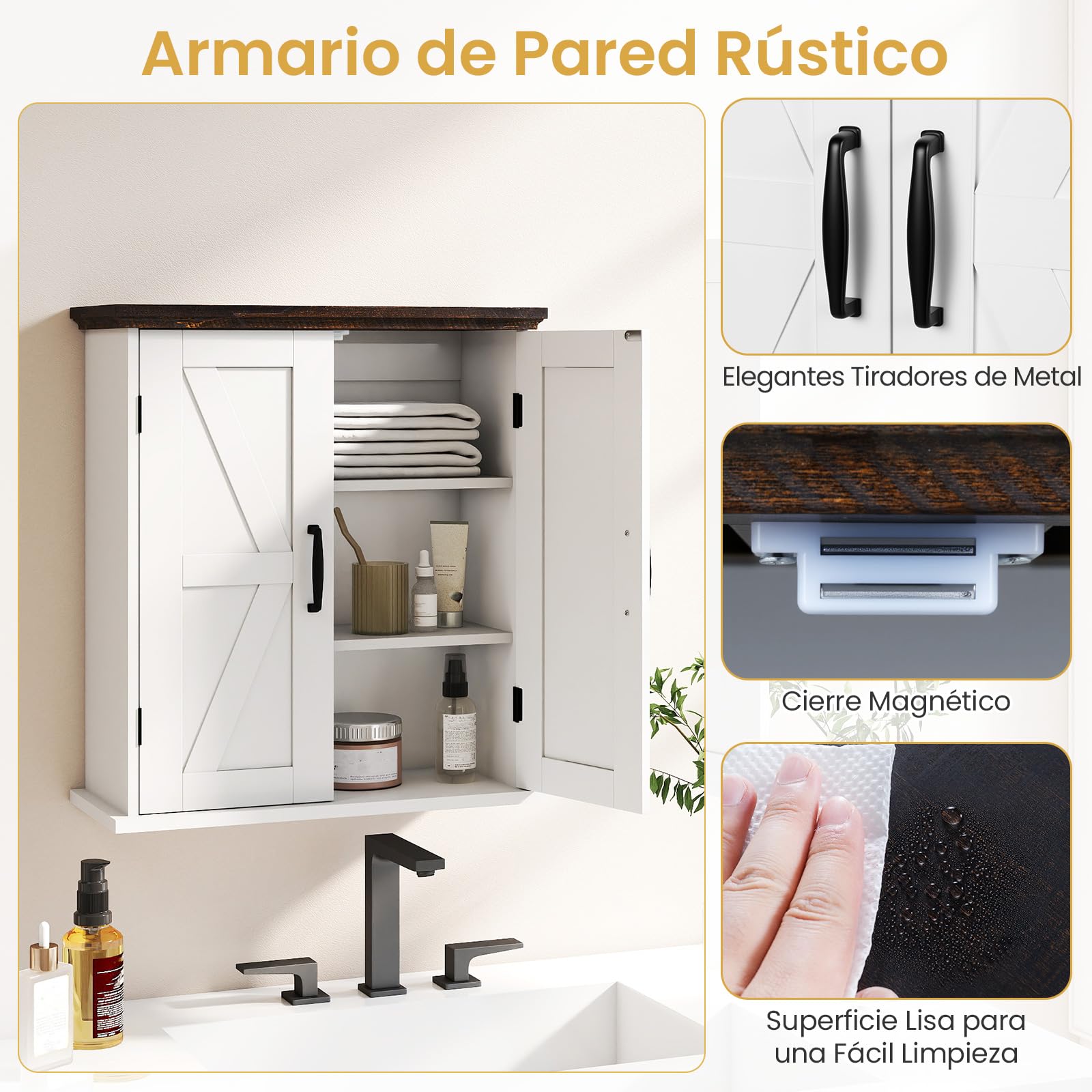 GIANTEX Armario de Pared para Baño, Mueble Colgante con 2 Puertas y 2 Estantes Ajustables, Estilo Granero, 53,5 x 22,5 x 60 cm, Organizador para Cocina, Entrada, Lavandería