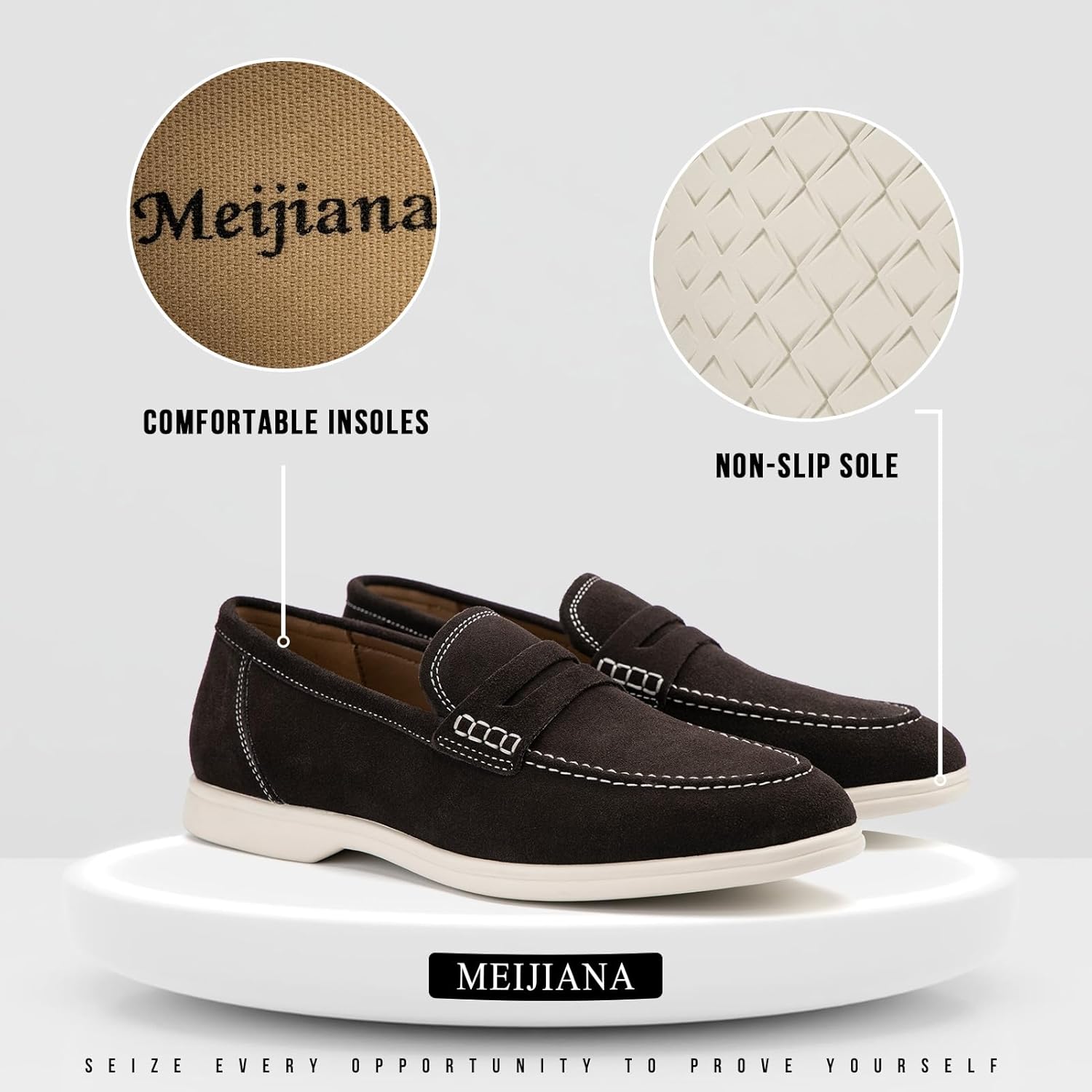 Meijiana Men's Genuine Leather Loafers Slip-On Moccasins Suede Dress Shoes, Lightweight and Breathable with Rubber Sole Stylish Mens Loafers 12 Brown image 3 of 6 B0CFVB145P