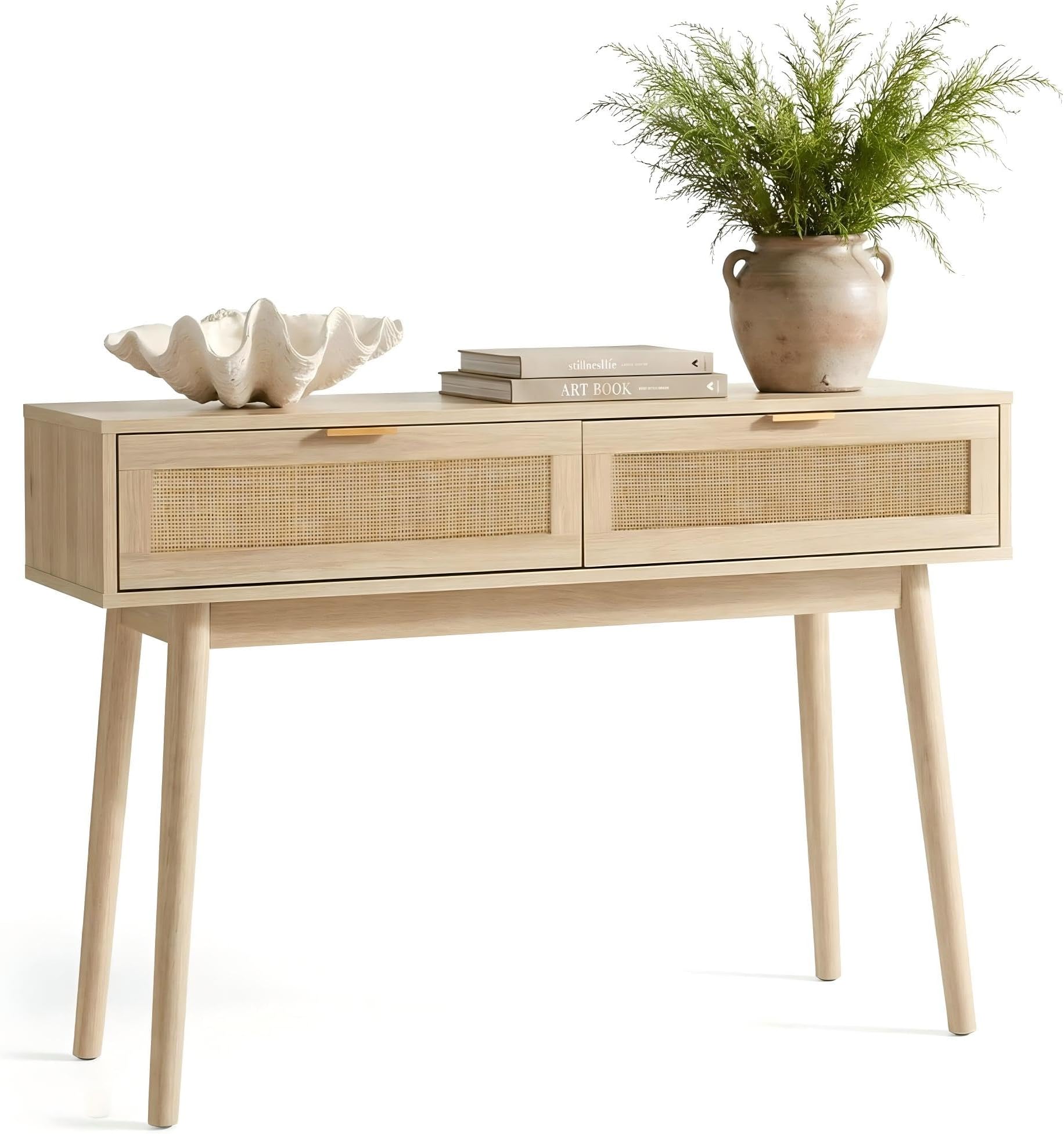 HOPUBUY Console Table Rattan Desk with Drawers, Narrow Sofa