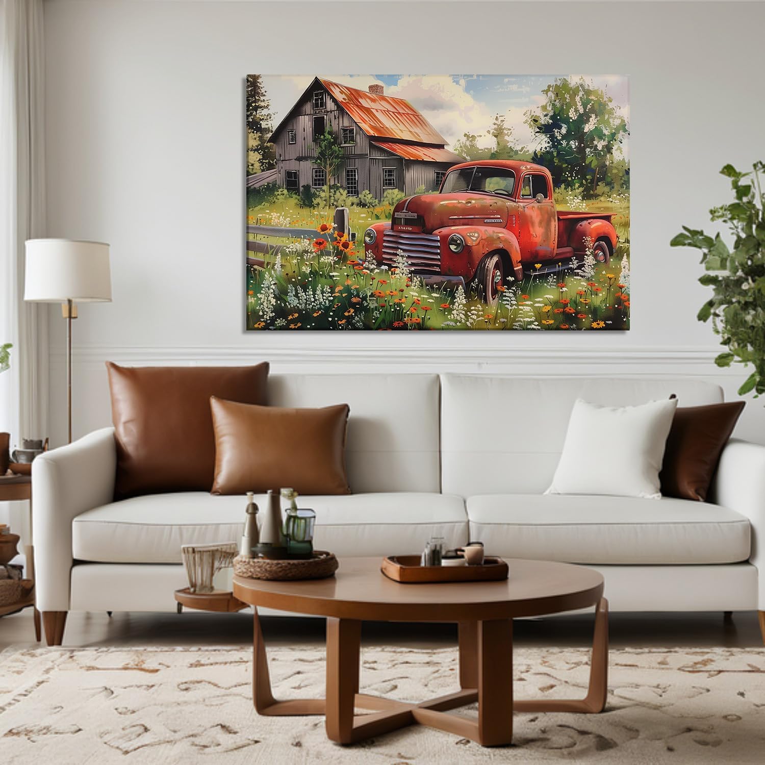 Farmhouse Canvas Wall Art Red Truck with Old Barn Picture Vintage Prints Rustic Wildflower Scenery Painting for Living Room Bathroom Home Wall Decor Framed(Art-7,16.00"x24.00")