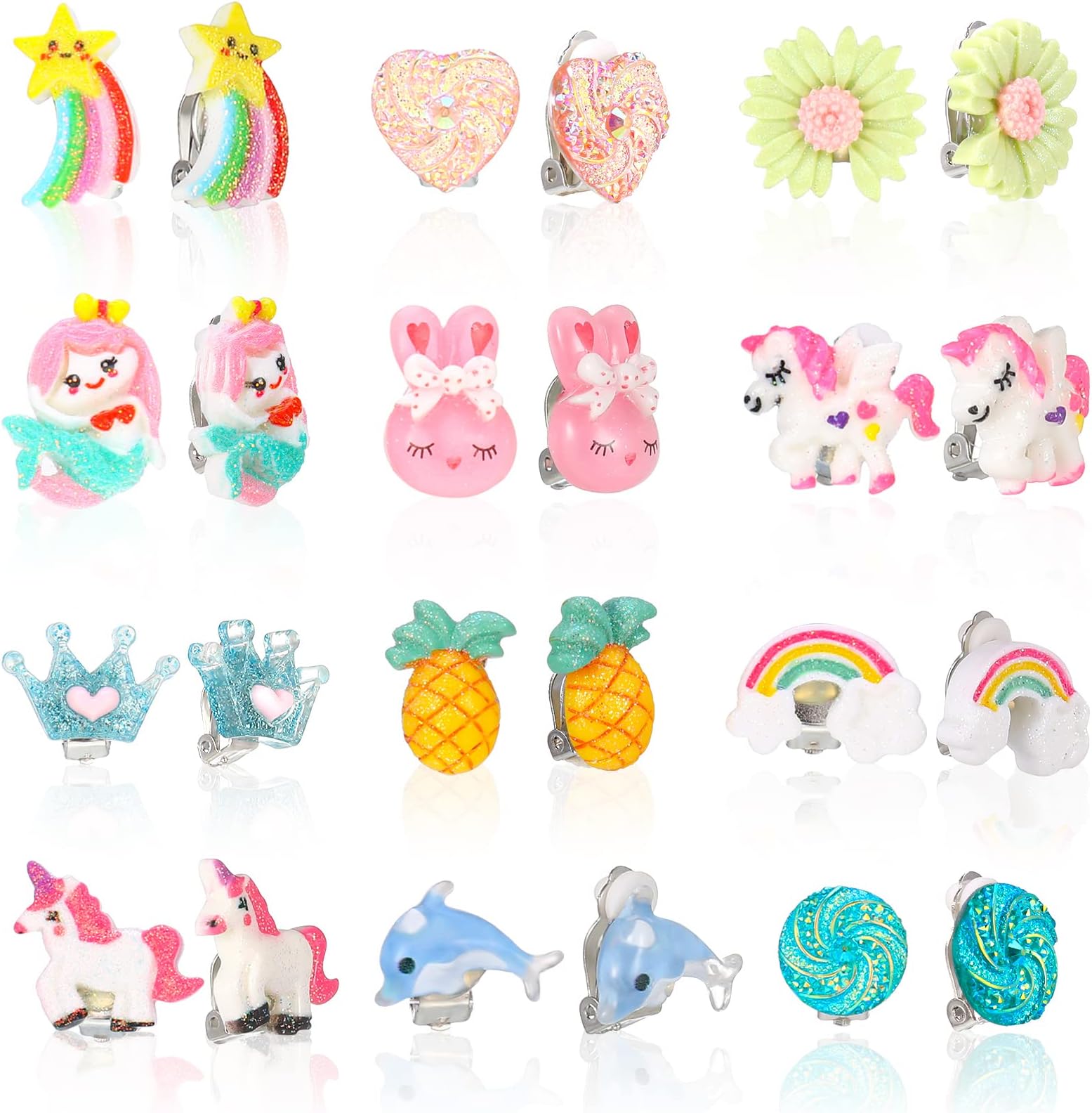 picidae 12 Pairs Clip On Earrings for Little Girls, Clip On Earrings for Kids, Clip On Earrings for Kids, Rainbow Clip On Earrings for Children, Clip On Earrings for Kids, Normal, Rubber Resin, No
