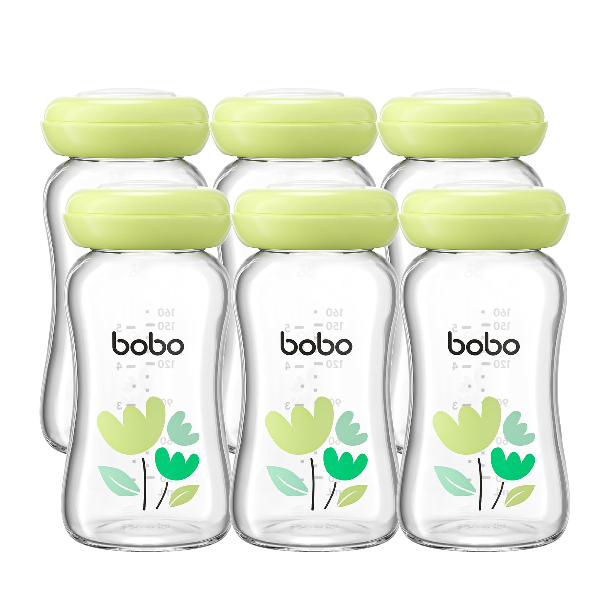 YOHKOH Premium-Glasflaschen für Muttermilch, 6 x 160 ml - zur sicheren Muttermilch Aufbewahrung, spülmaschinen-, gefrier- und mikrowellengeeignet (Grün, 160ml (6er Pack))