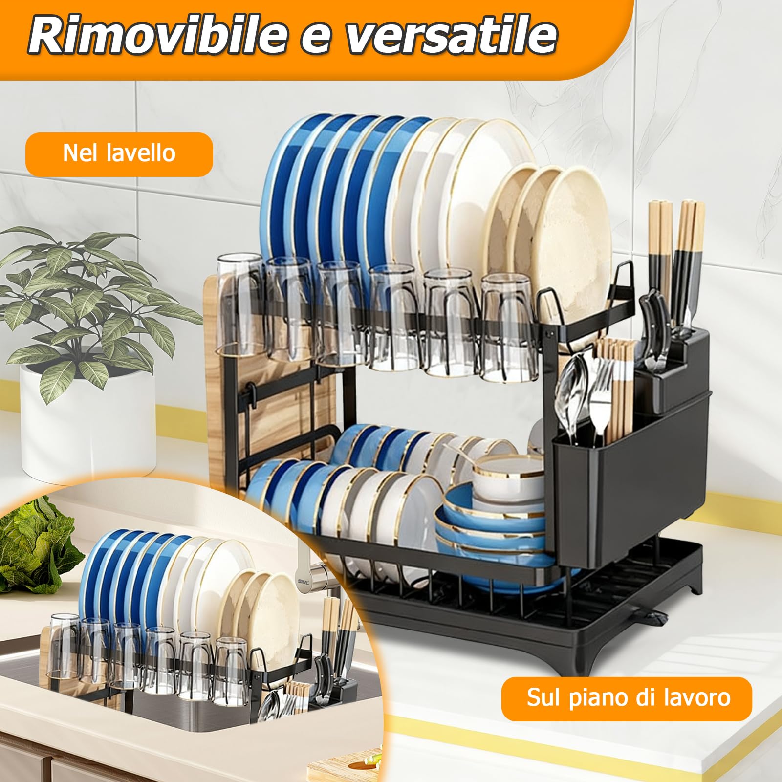 Scolapiatti da Appoggio a 2 Livelli, Scolapiatti per Piatti Nero, Scolapiatti da Lavello da Cucina in Acciaio Inossidabile con Vassoio di Drenaggio, Portabicchieri e Portautensili