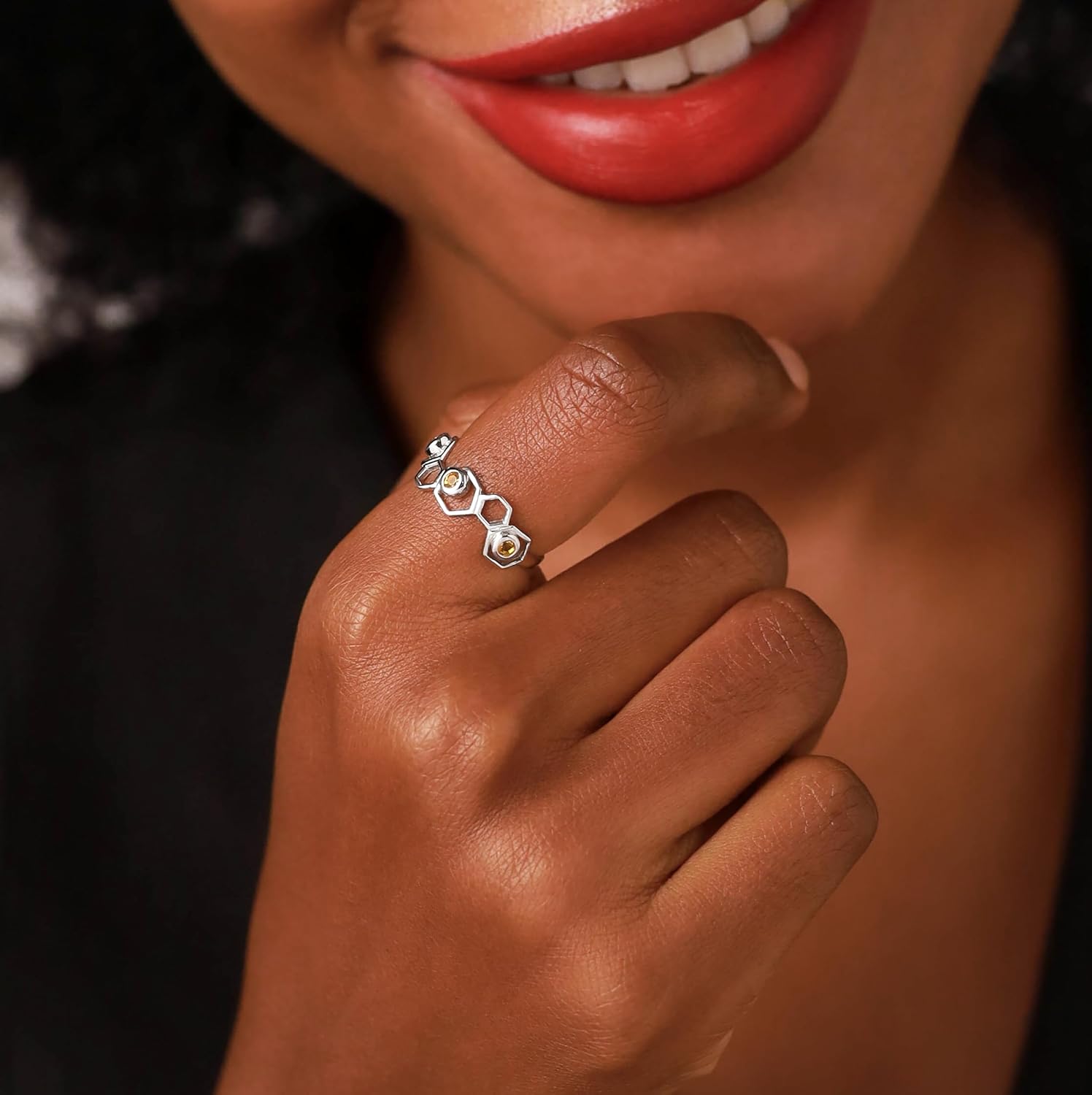 Silvershake 3-Stone White Gold Plated or Yellow Gold Plated 925 Sterling Silver Honeycomb Bee Ring Jewelry for Women