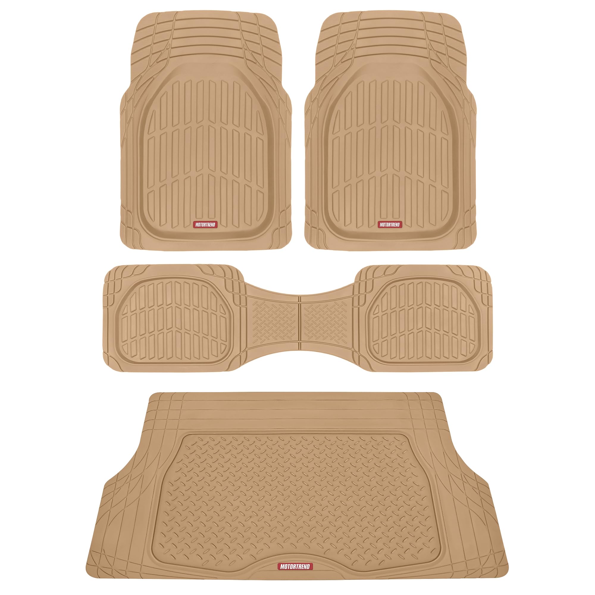 Original FlexTough Beige Rubber Car Floor Mats with Cargo Liner - All Weather Automotive Floor Mats, Heavy Duty Trim to Fit Design, Odorless Floor Liners for Cars Truck Van SUV