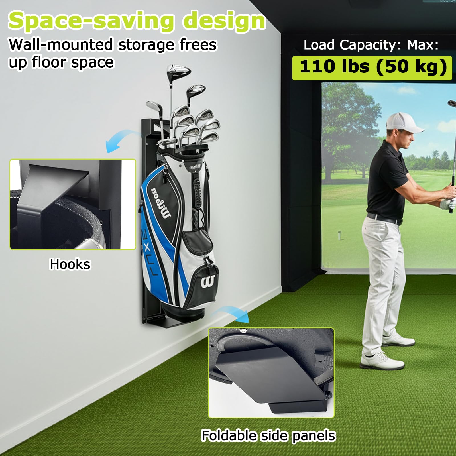 Wandhalterung für Golftasche, Aufbewahrungsständer für Garage, Golftaschenhalter für Wand, Gleitschienensystem, verstellbar, einziehbar, Golftasche, Aufbewahrungsregal für Golfschläger