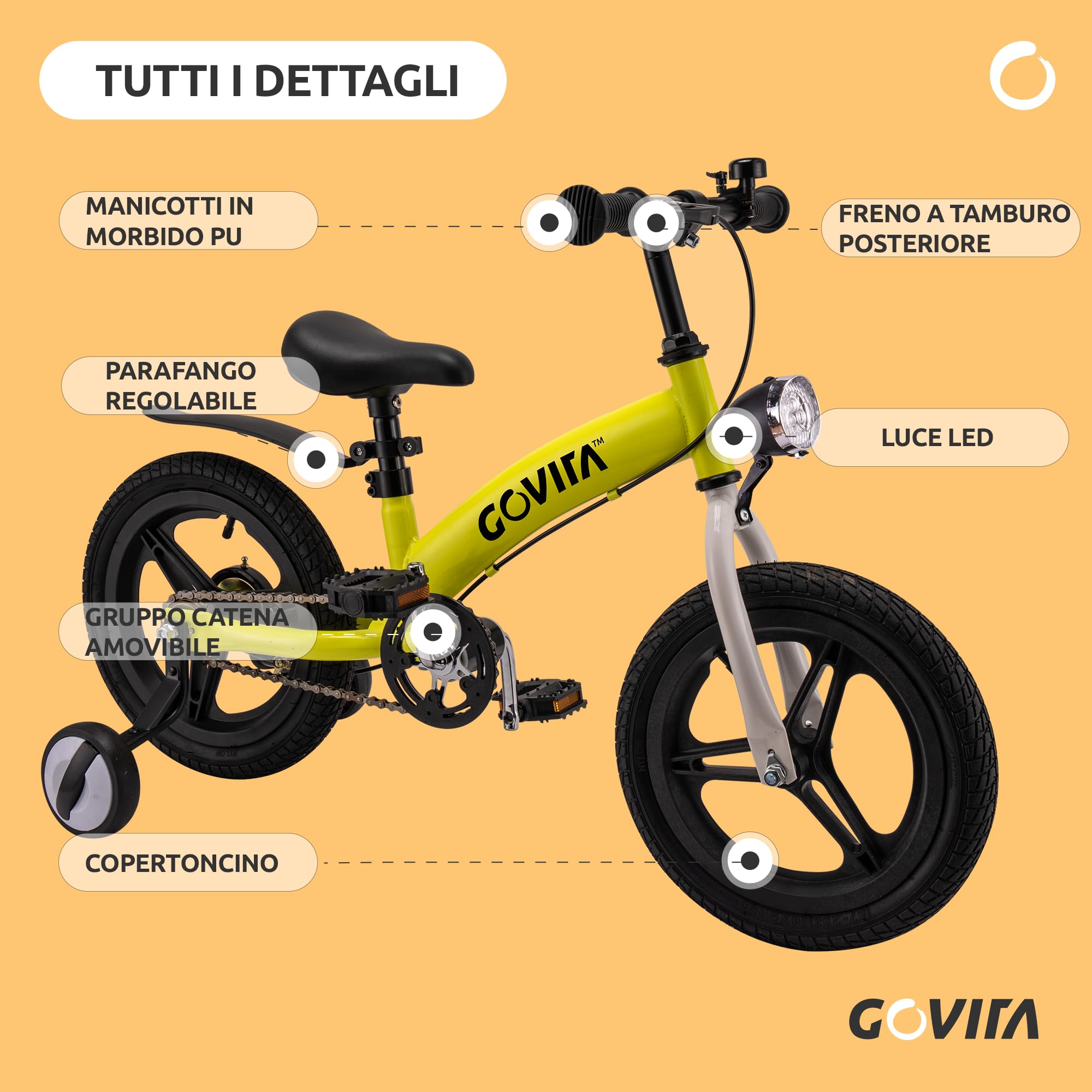 GOVITA Bicicletta 3 in 1, bicicletta 14 pollici bambini da 3 a 5 anni, Bici senza