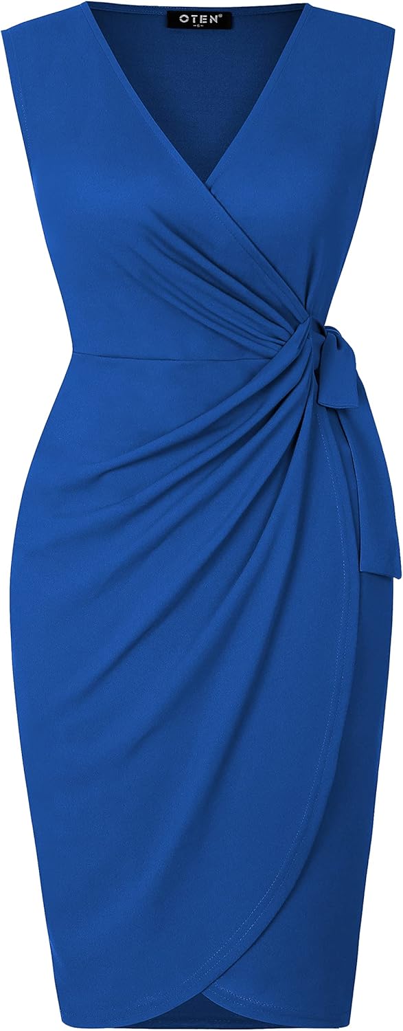 oten Womens Sleeveless Deep V Neck Sheath Knee Length Cocktail Party Work Faux Wrap Formal Dress Royal Blue Small