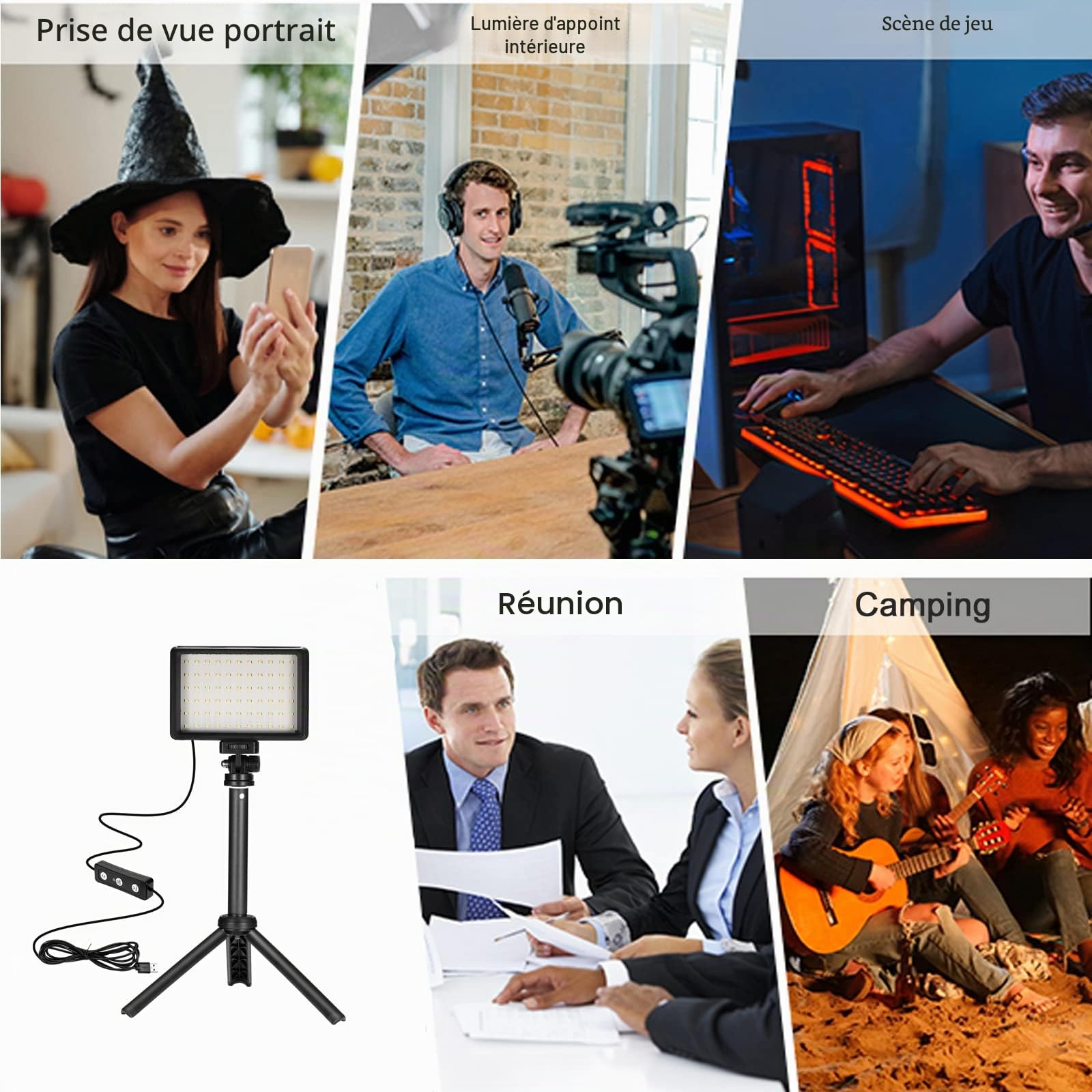 Lampes Vidéo LED 2-Pack, Panneau LED Video USB à Variable 5600K avec Mini Trépied et Filtres Colorés pour Studios Photo, Prise de Vue sous Angle Bas, Enregistrement Vidéo, Streaming de Jeux