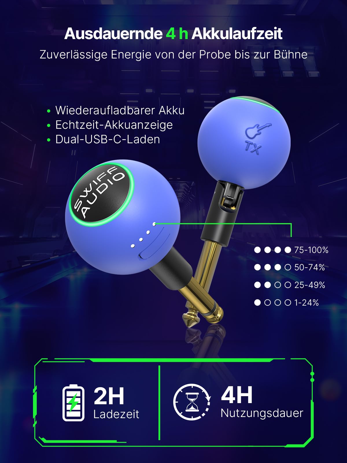 WT09B Funk-Gitarrensystem, Sender & Empfänger, 6 Kanäle mit Auto-Umschaltung, 5,8 GHz, <5,5 ms Latenz, 60 m Reichweite, 1 MΩ HiFi-Eingang, RGB-Anzeige, 4 Std. Laufzeit, Profi-Reiseset, Blau