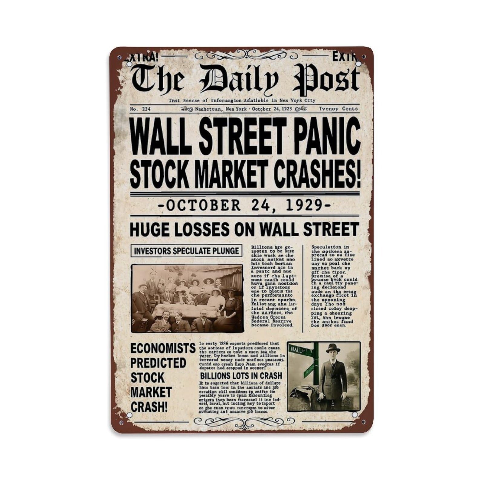 Jdfenggu Vintage Newspaper Stock Market Crash Retro Metal Tin Sign, Metal Poster For Bar, Home, Man Cave, Kitchen, Laundry Room Art Decor 8X12 Inch