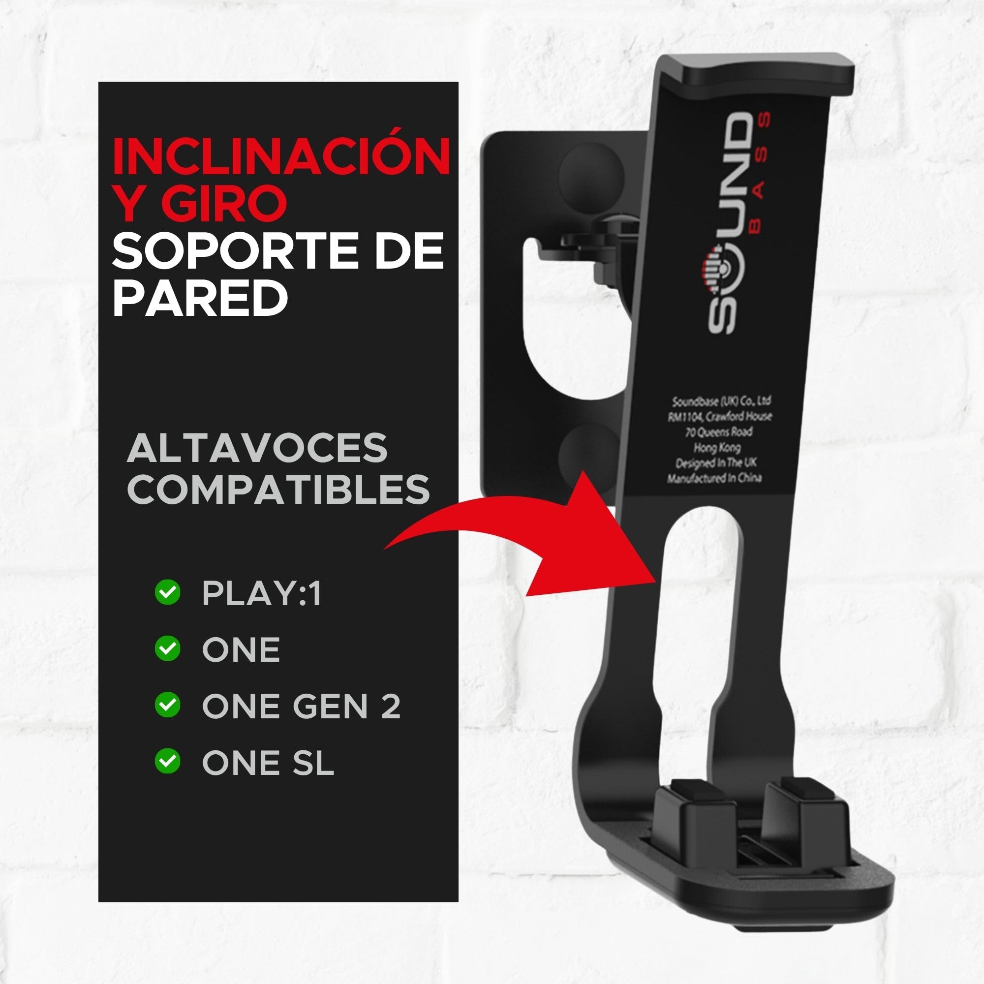 Sound bass 2 x Soporte de Montaje en Pared One, One Gen 2, One SL, Play:1 - Pack Doble - Negro - Compatible con Sonos One, One Gen 2, ONESL & Play:1, diseñado en el Reino Unido