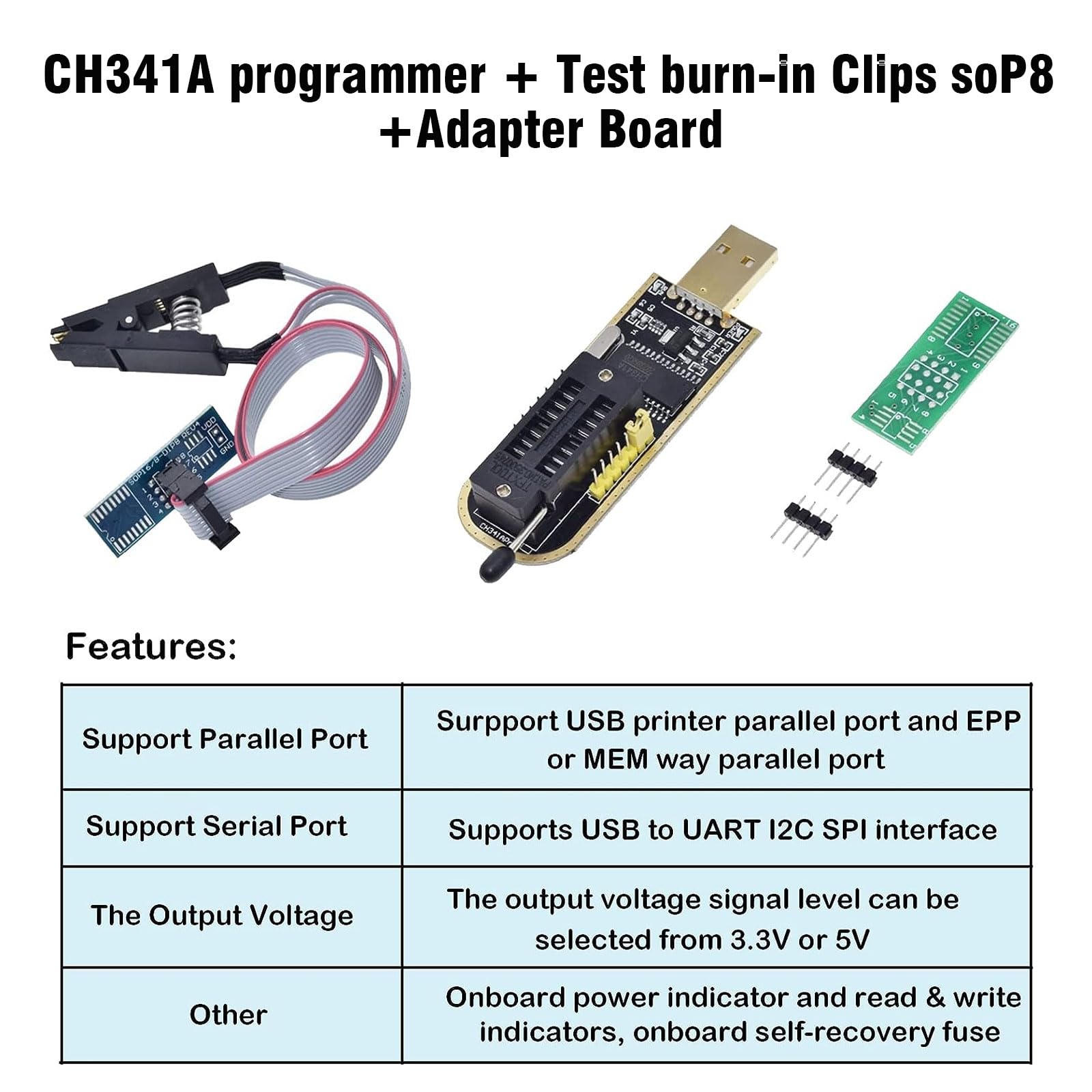 Programmatore ch341B Kit Include SOIC8 SOP8 Clip di Test + CH341B Programmatore + 1,8V Convertitori + Convertitori da SOP8 a DIP8 per EEPROM 25cxx / 24cxx