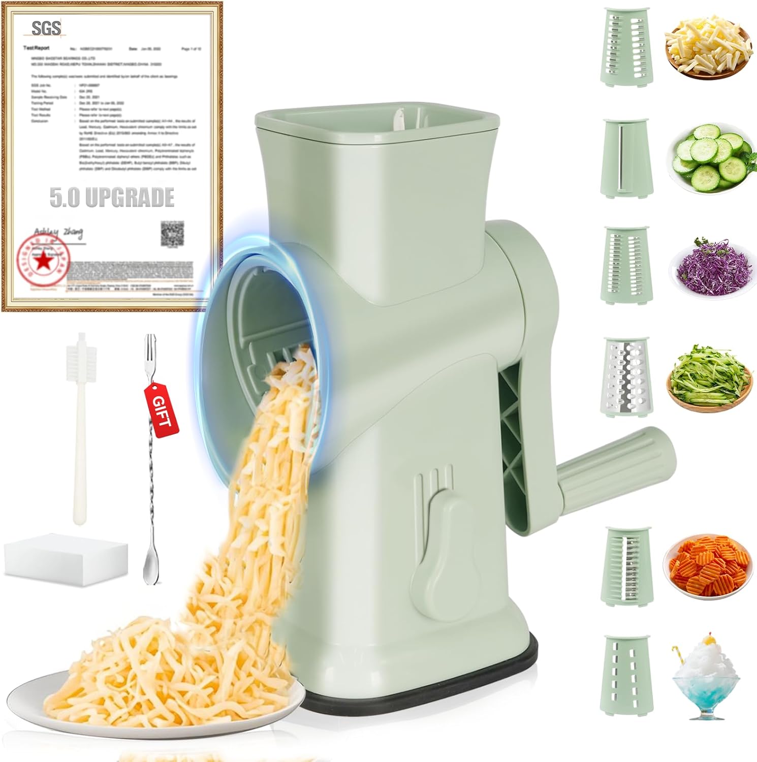 Rallador de queso 6 en 1 actualizado 2025 con hoja SUS304 de grado militar, corte rápido 3S, certificación SGS – Base de succión nano fuerte alemana