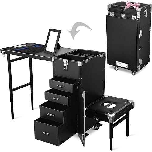 BYOOTIQUE Portable Nail Tech Desk with Drawers Pedicure Stool Beauty Salon Manicure Desk Station on Wheels Rolling Cosmetic Case for Manicurist Makeup Artist Esthetician Barbershop Hairstylist