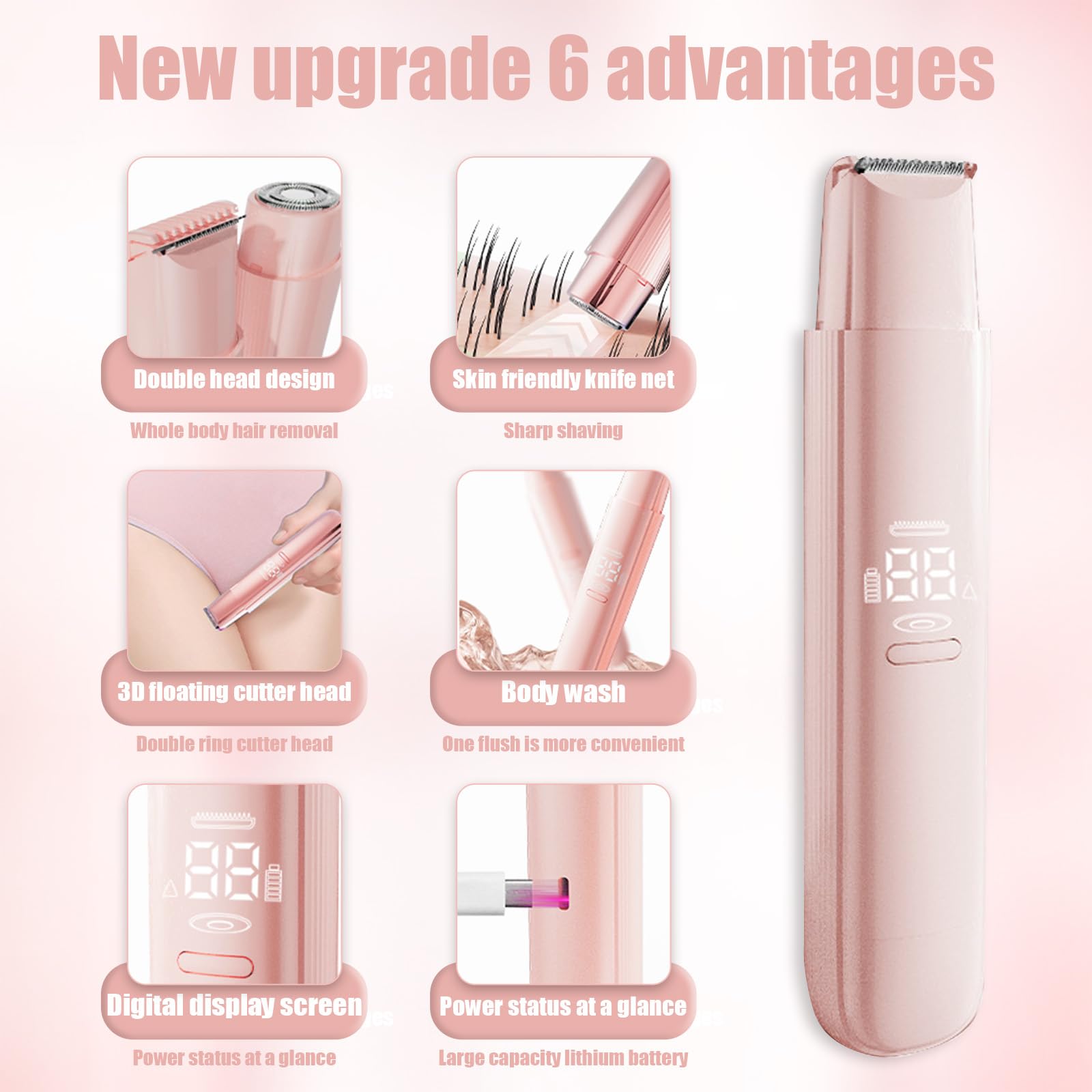 「Tondeuse à cheveux indolore pour femme | Deux lames pour bikini/aisselles/visage | Affichage de la puissance LCD et étanchéité IPX7 | Charge rapide USB-C | Coffret cadeau portable rose (rose)