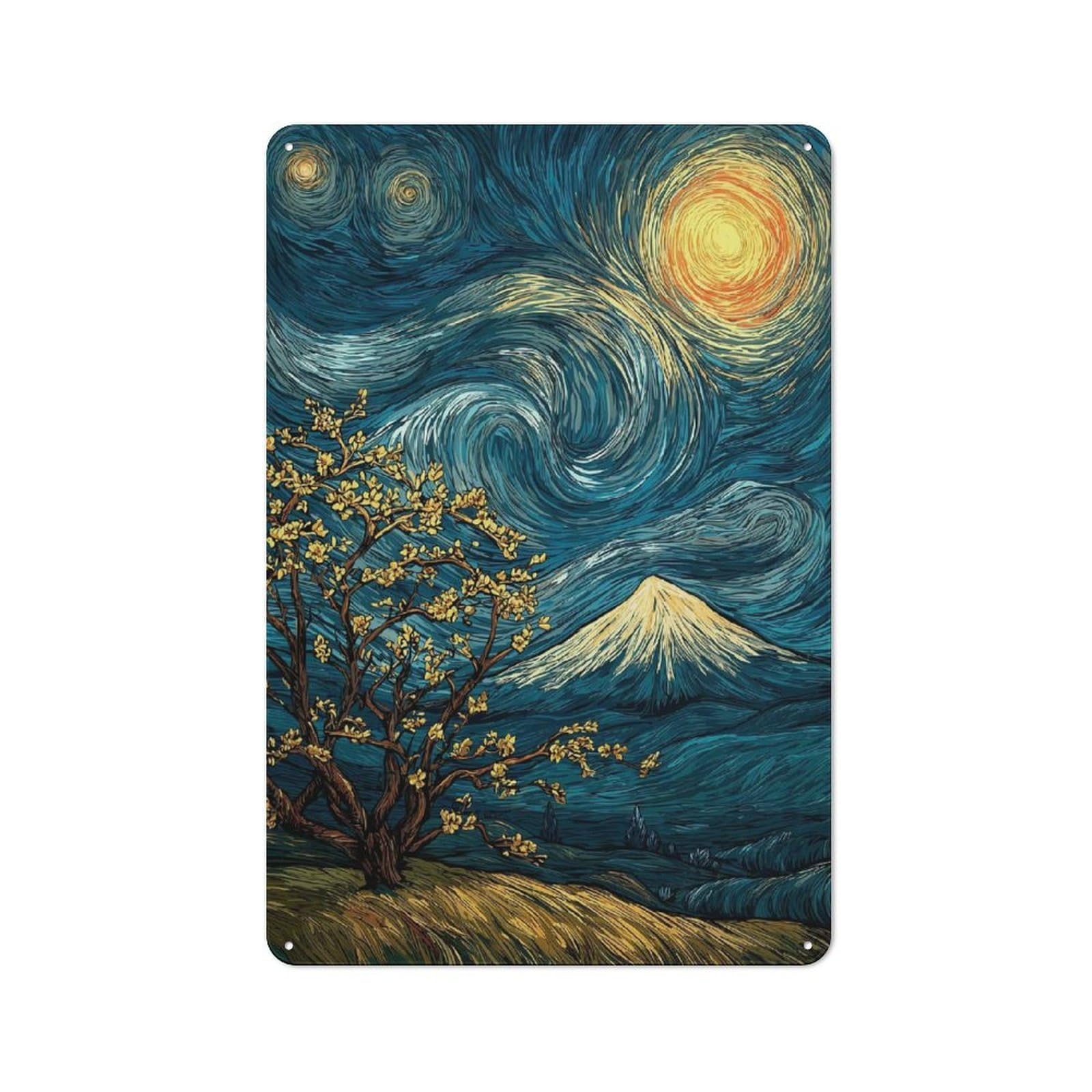 Junmoney Style-13 Character Decorative Tin Plaque 30X20cm Featuring Starry Night Landscape With Mount Fuji, Home Wall Decor For Flat, Dorm Room, Lounge Or Cafe
