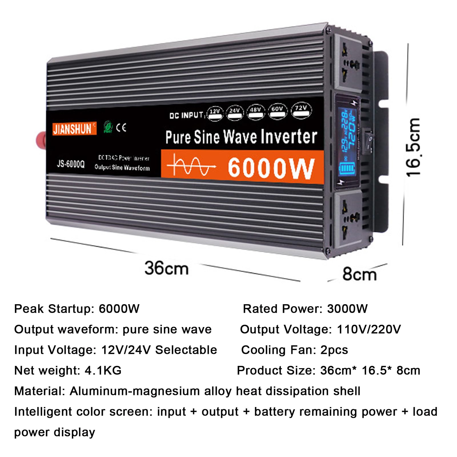 Power Inverter DC 12v 24v a AC 220v, Inverter Onda Pura 3000W 4000W 5000W 6000W Convertitore Per Camper con Display LCD, per Casa, Camper, Camion, Marina, Inverter Solari Off Grid,6000W-12V